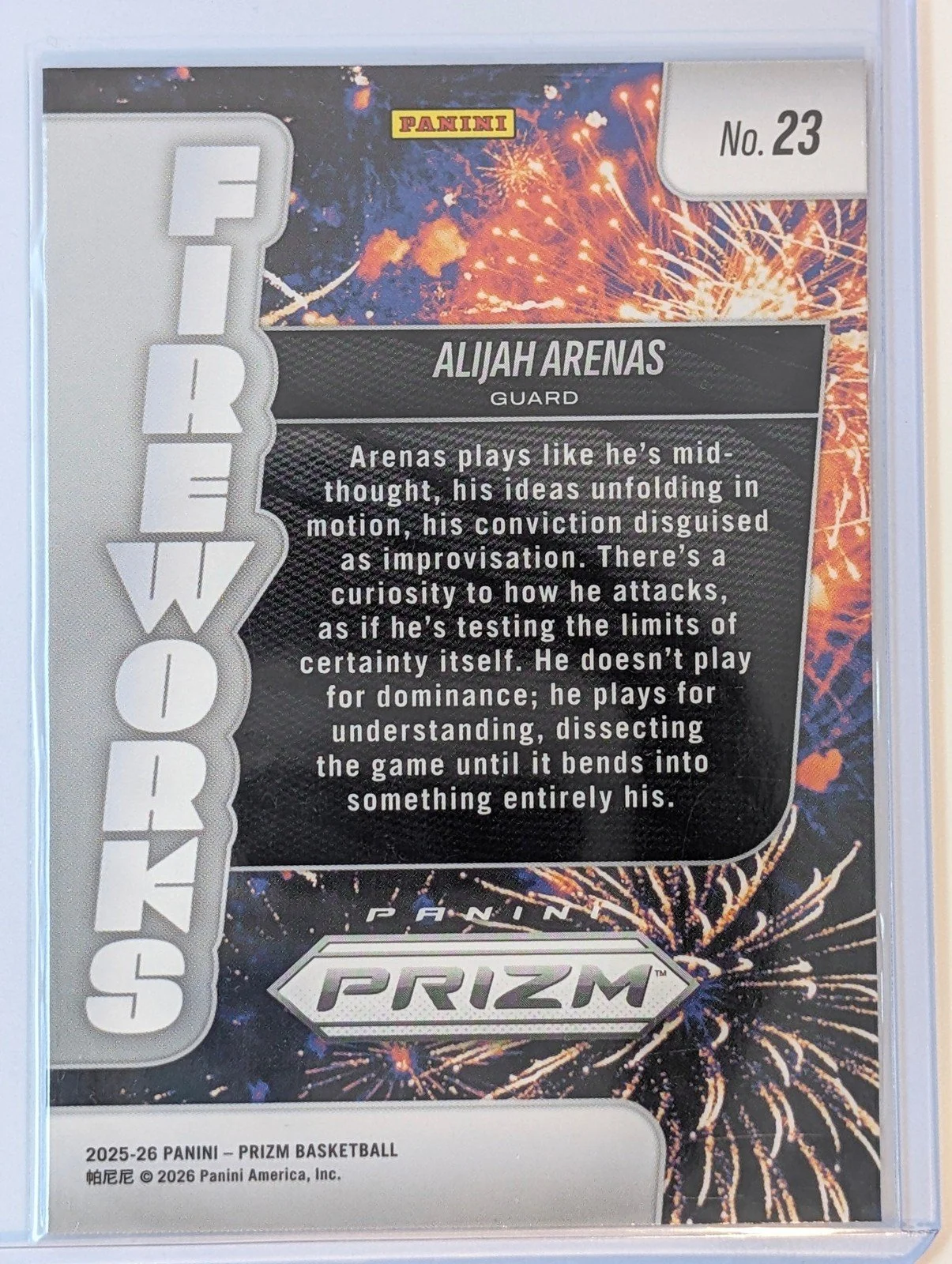 Back of 2025-26 Panini Prizm #23 Alijah Arenas Fireworks