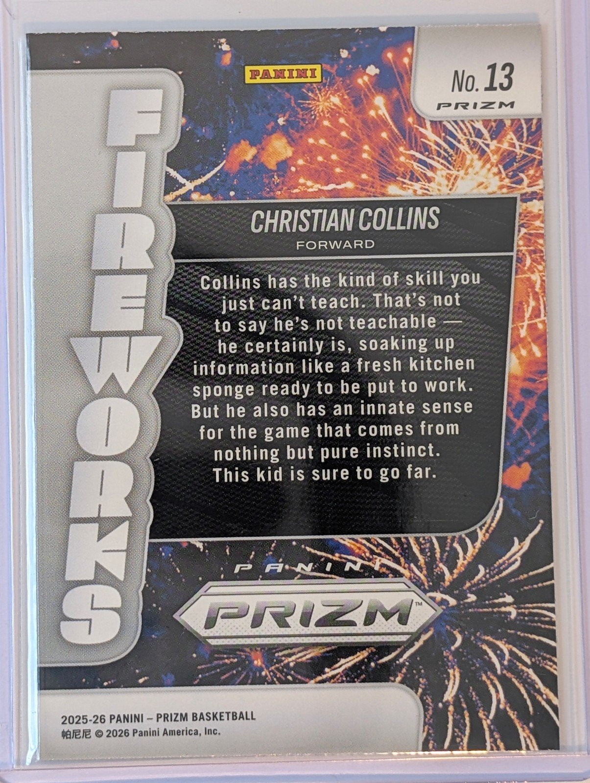 Back of 2025-26 Panini Prizm #13 Christian Collins Fireworks Refractor