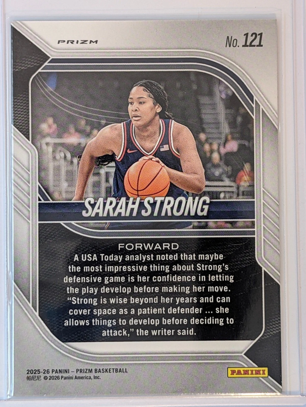 Back of 2025-26 Panini Prizm #121 Sarah Strong Pulsar Prizm
