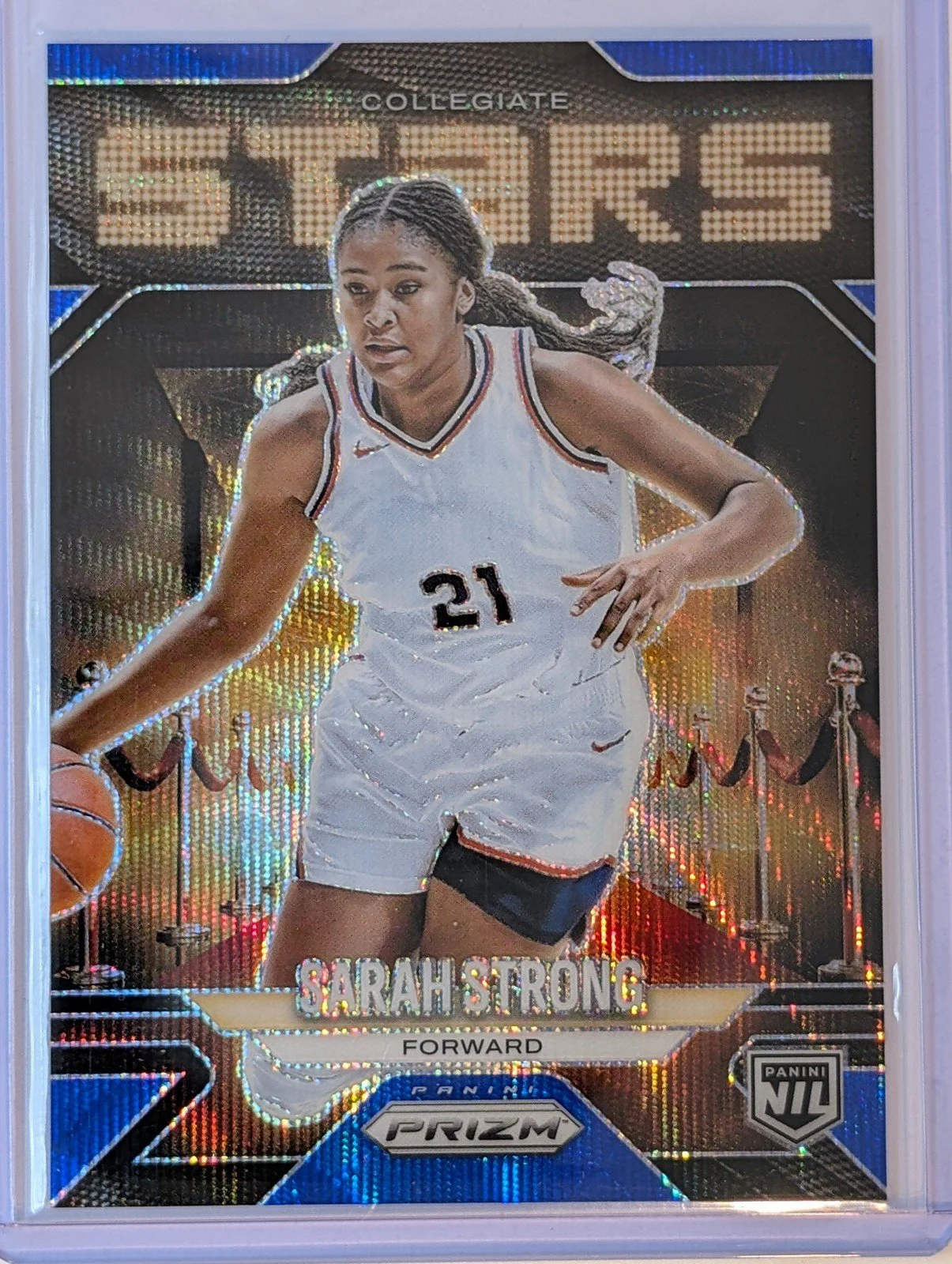 Front of 2025-26 Panini Prizm /249 #7 Sarah Strong Stars Blue Prizm