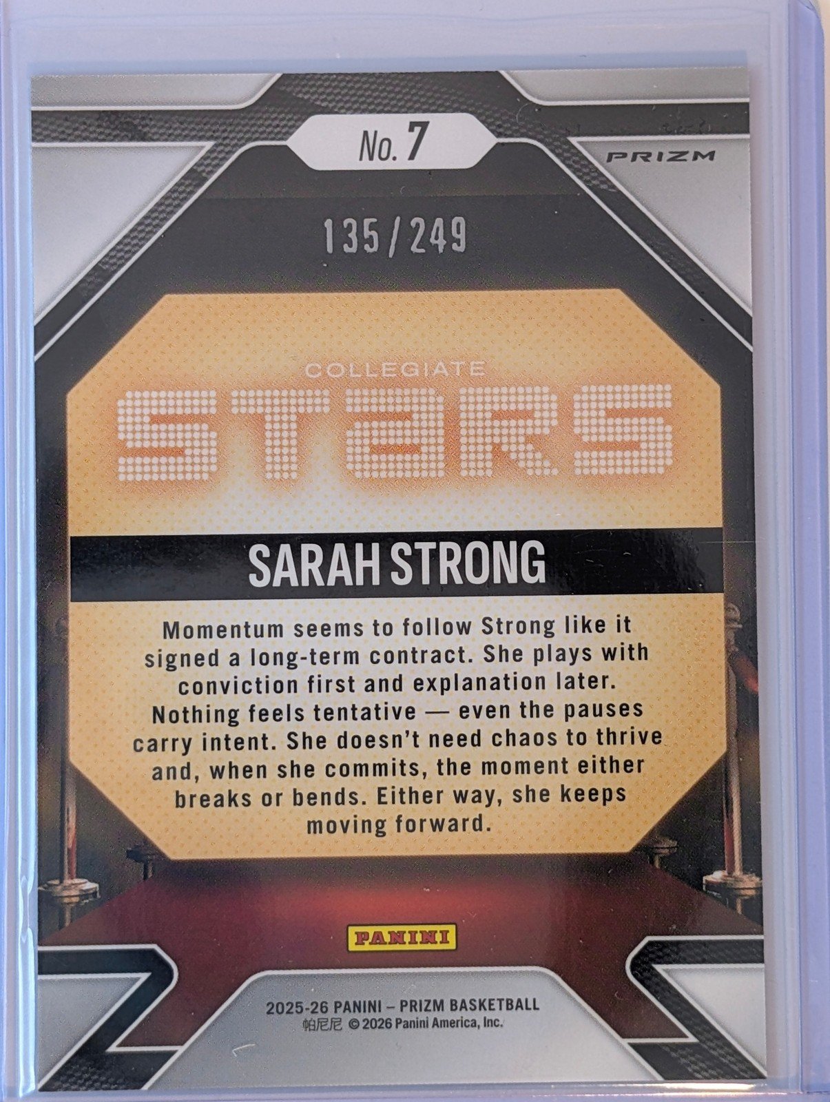Back of 2025-26 Panini Prizm /249 #7 Sarah Strong Stars Blue Prizm