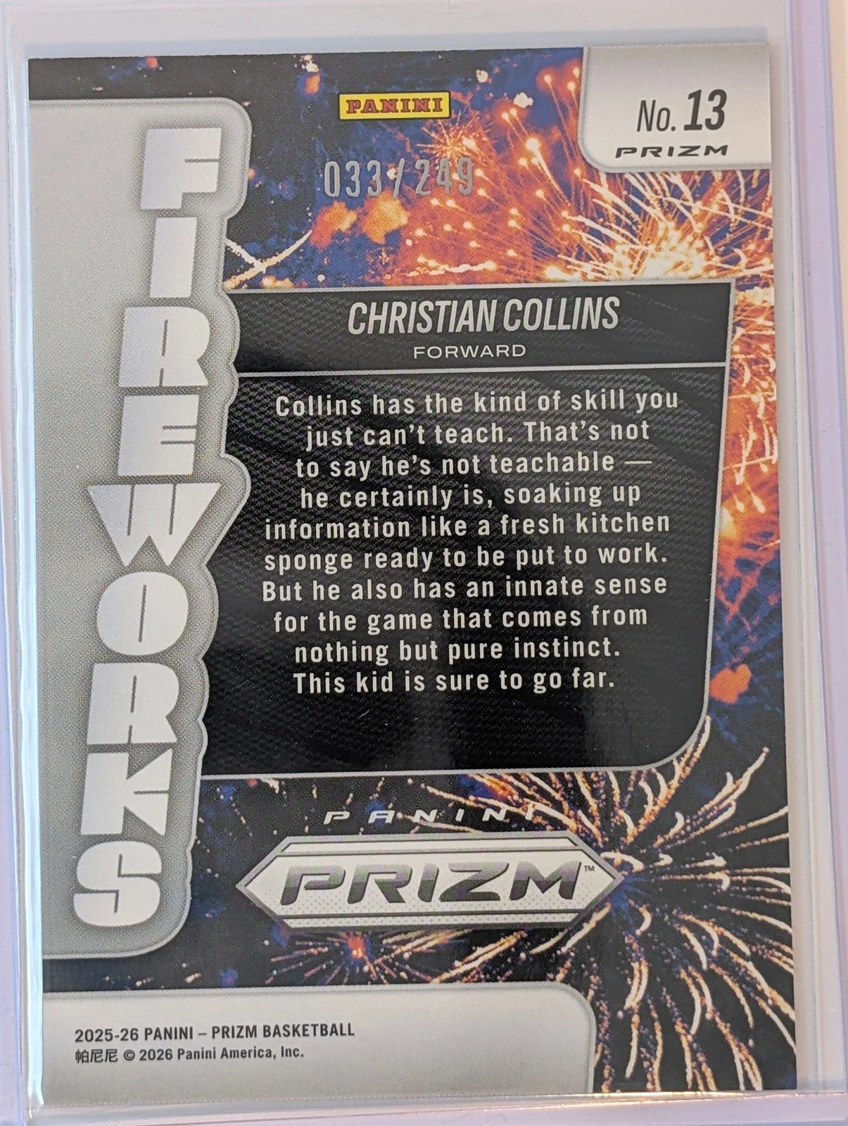 Back of 2025-26 Panini Prizm #13 Christian Collins blue fireworks /249