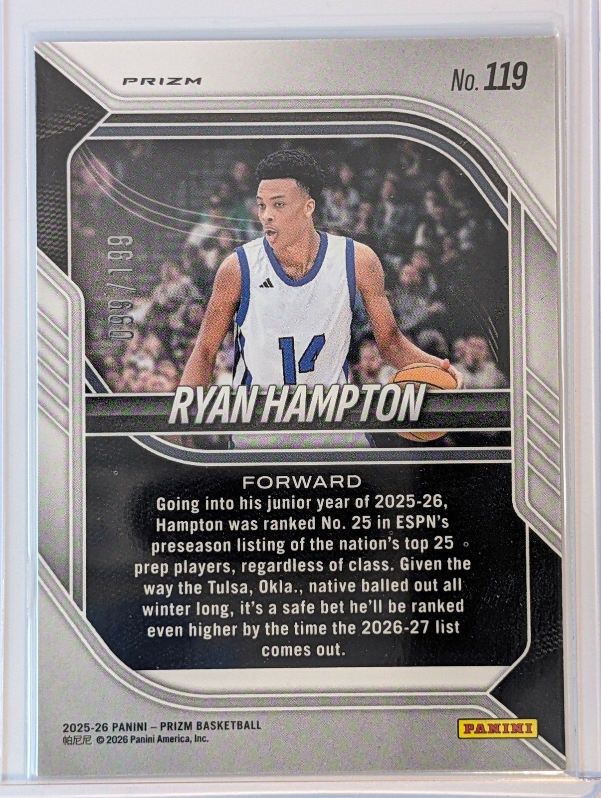 Back of 2025-26 Panini Prizm #119 Ryan Hampton Purple Ice /199