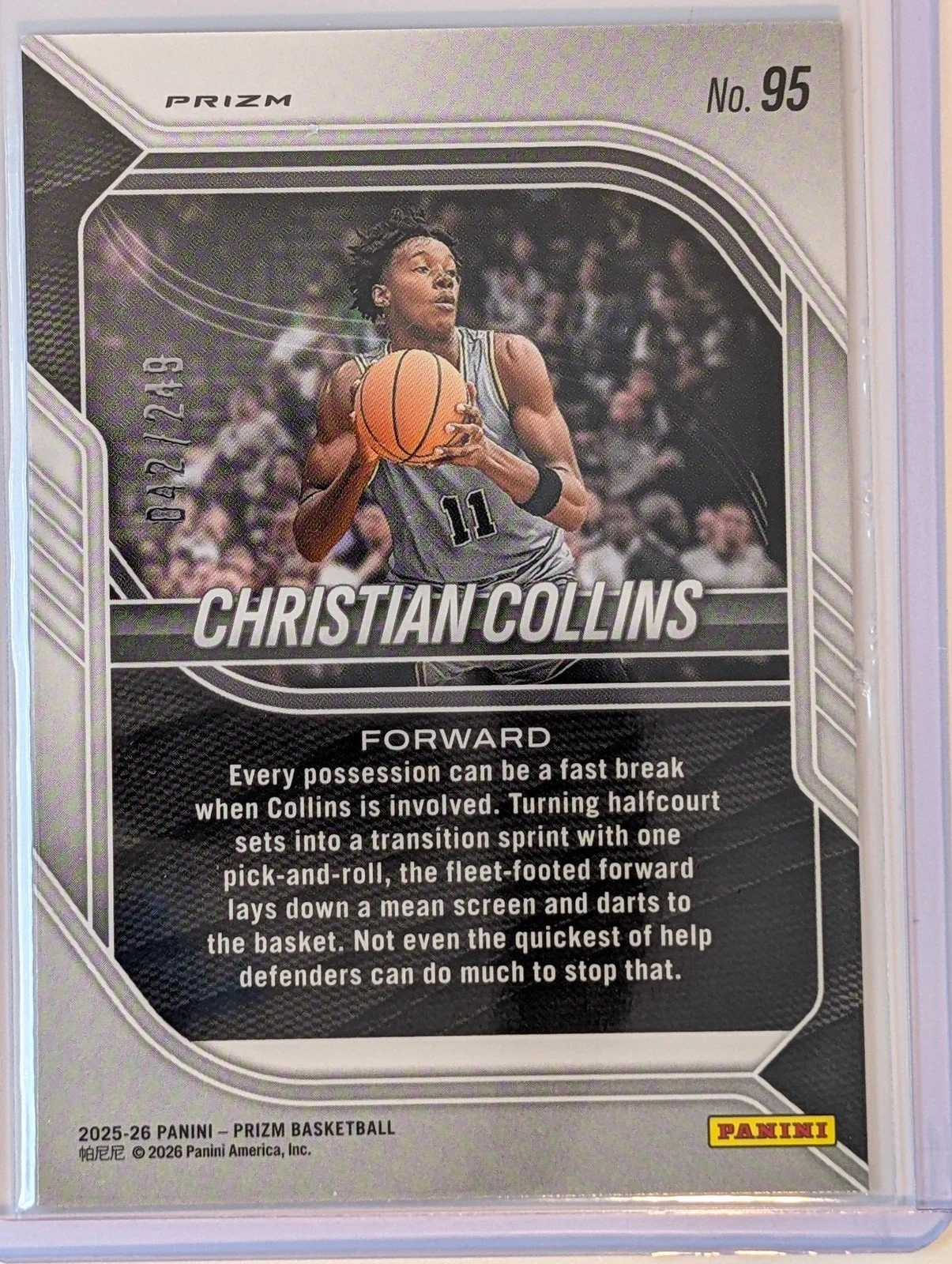 Back of 2025-26 Panini Prizm /249 Christian Collins Blue Wave Prizm