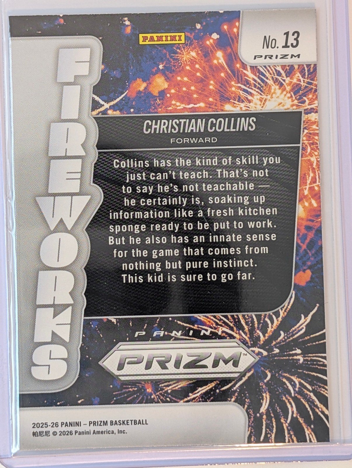 Back of 2025-26 Panini Prizm #13 Christian Collins Fireworks Hyper Prizm