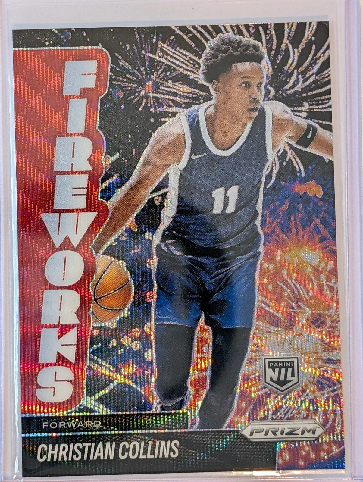 Front of 2025-26 Panini Prizm /299 #13 Christian Collins red fireworks