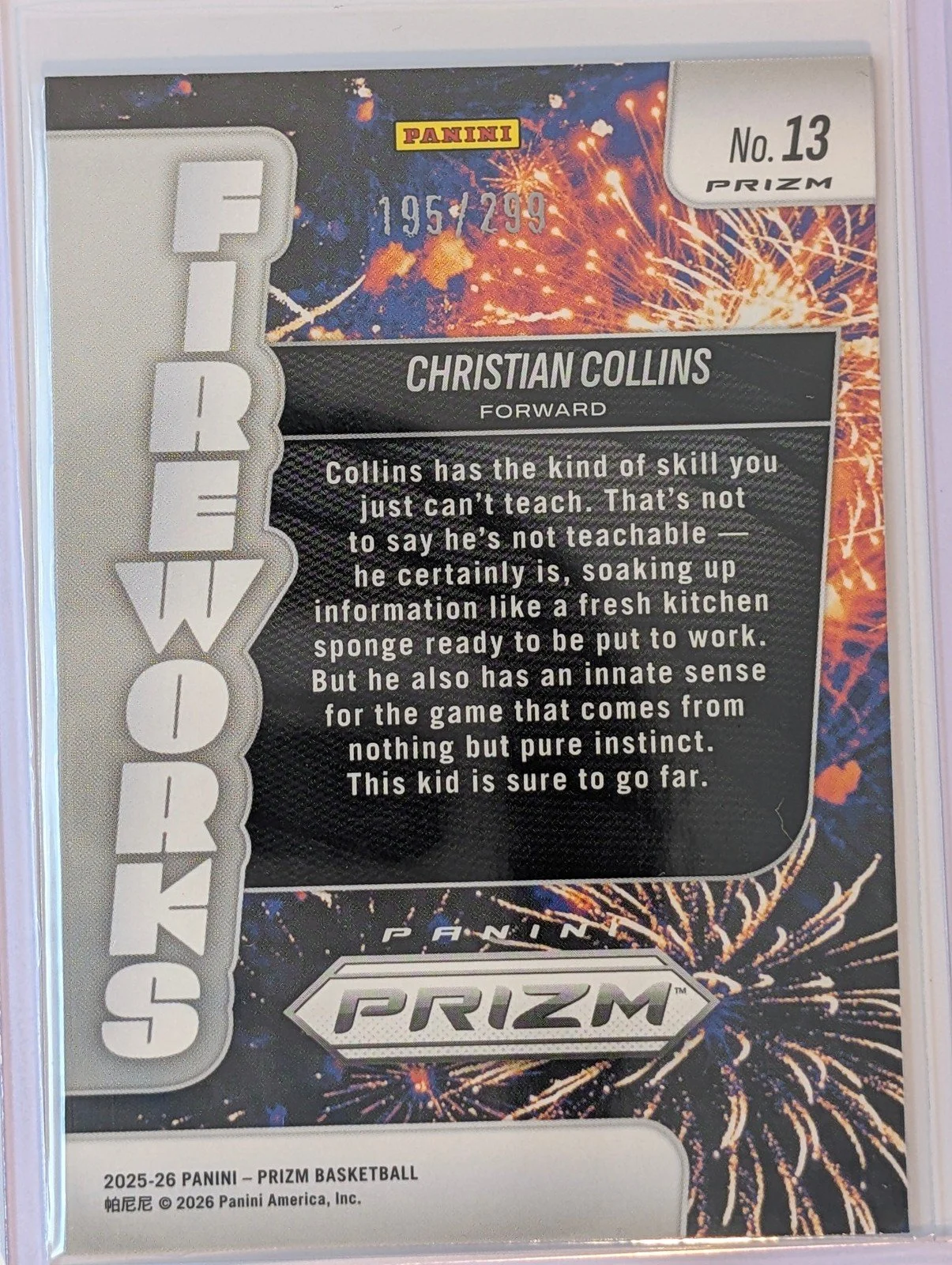 Back of 2025-26 Panini Prizm /299 #13 Christian Collins red fireworks