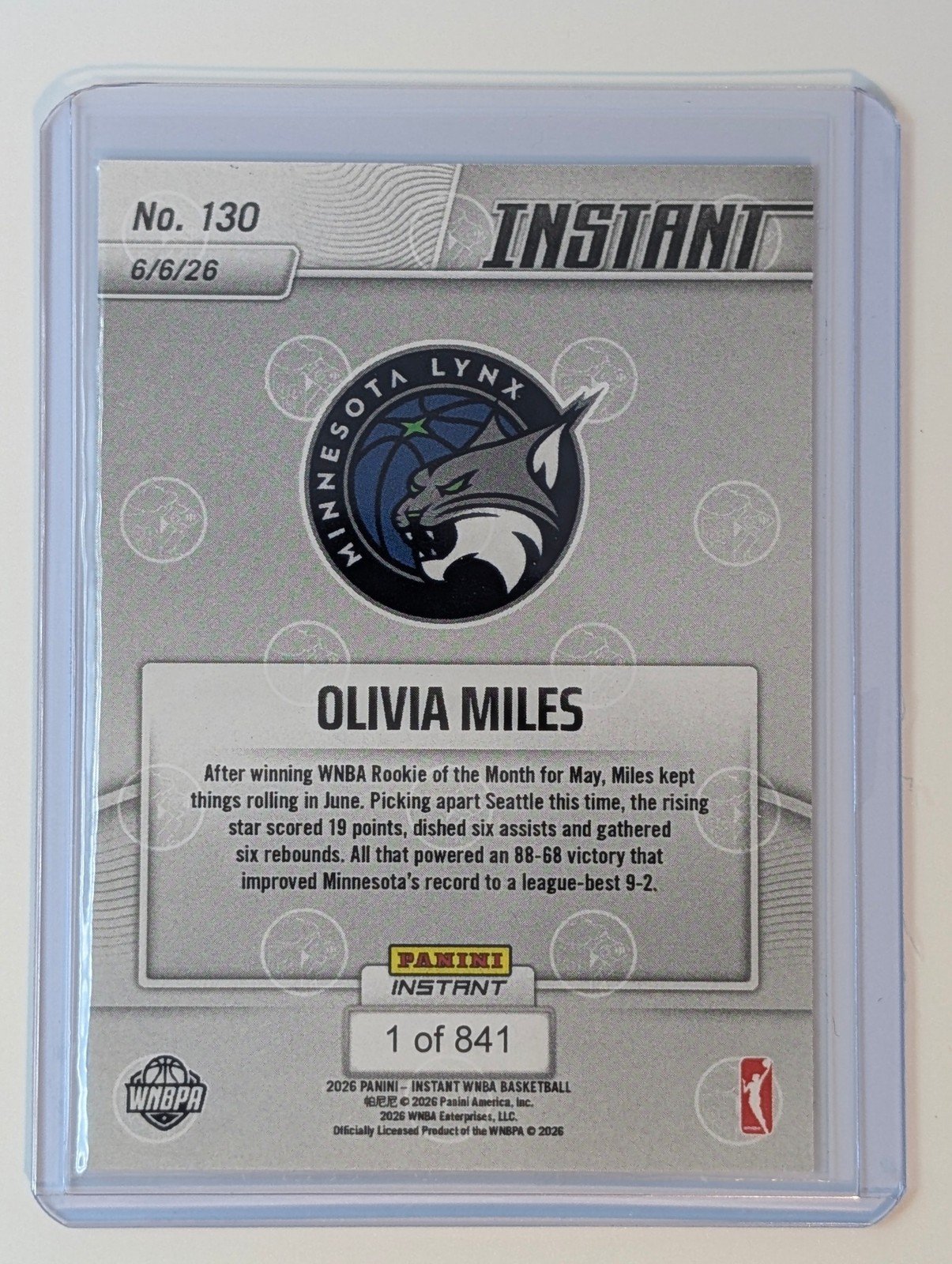 Back of 2026 Panini #130 Olivia Miles Rookie Card