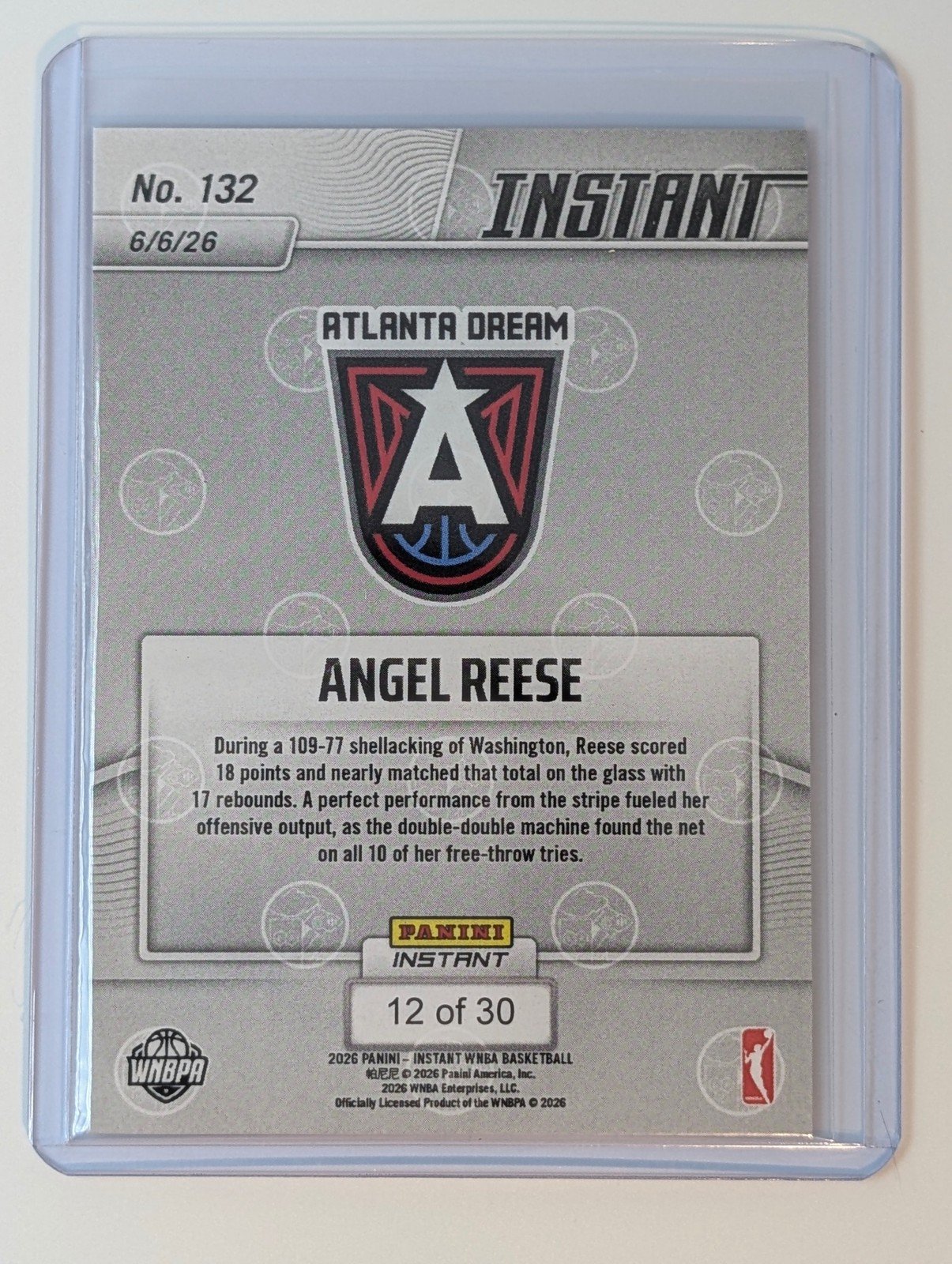 Back of 2026 Panini Instant WNBA /30 Angel Reese 30th Anniversary #132