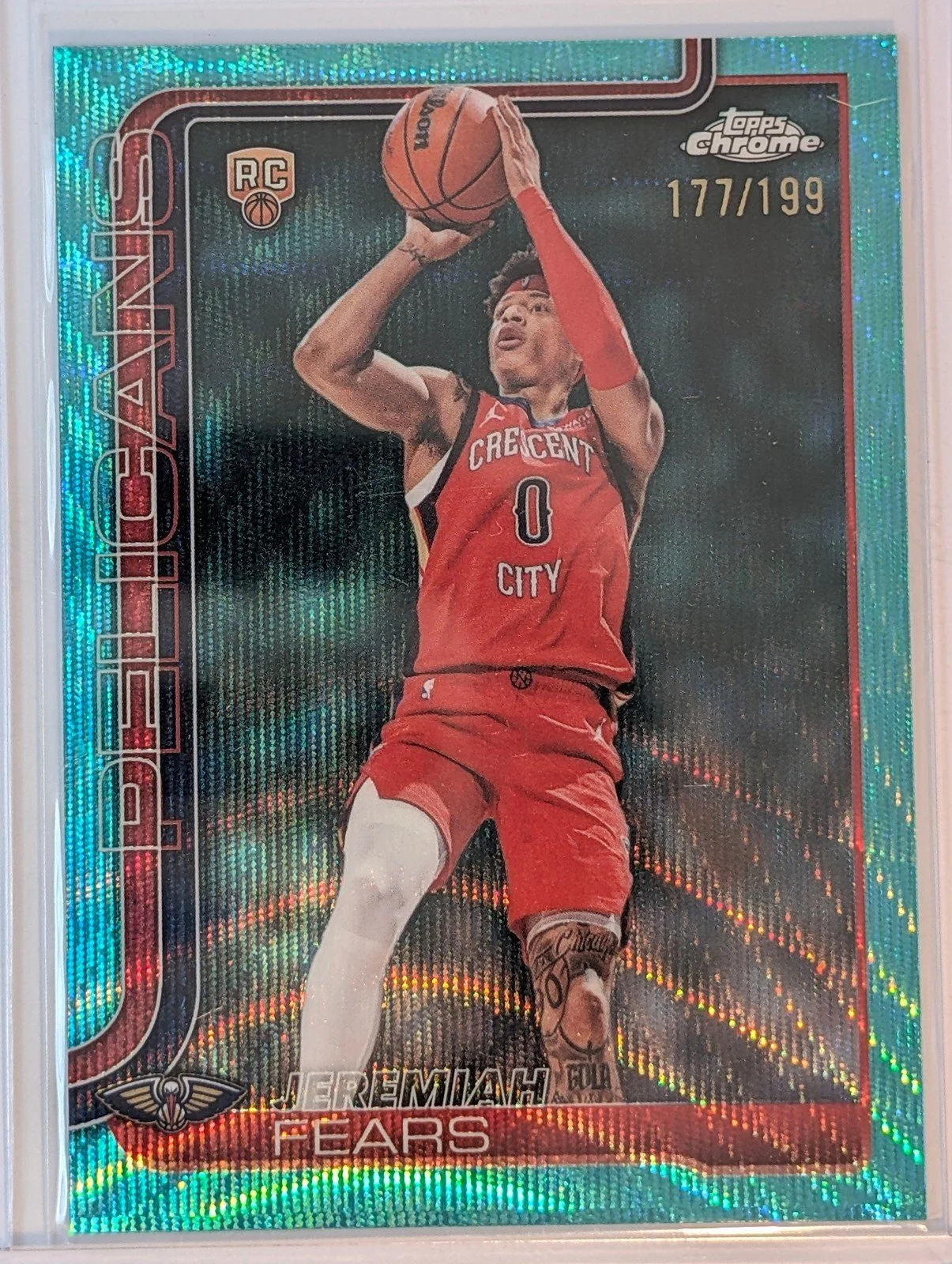 Front of 2025-26 Topps Chrome Update /199 Jeremiah Fears Aqua Refractor RC