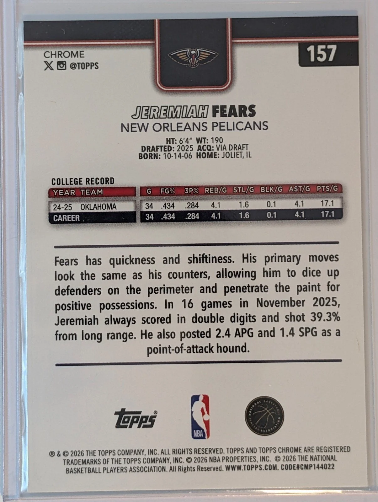 Back of 2025-26 Topps Chrome Update /199 Jeremiah Fears Aqua Refractor RC