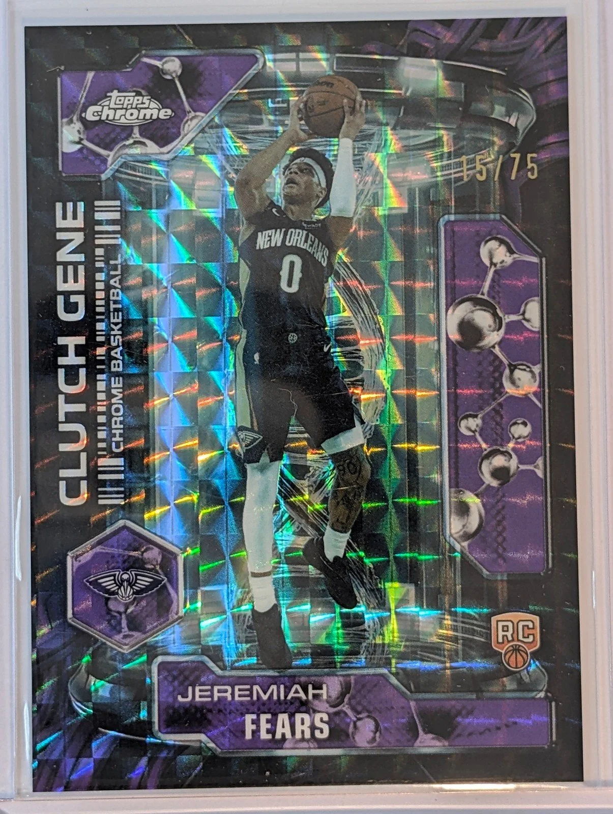 Front of 2025-26 Topps Chrome Update /75 Jeremiah Fears Clutch Gene Purple GEOMETRIC RC