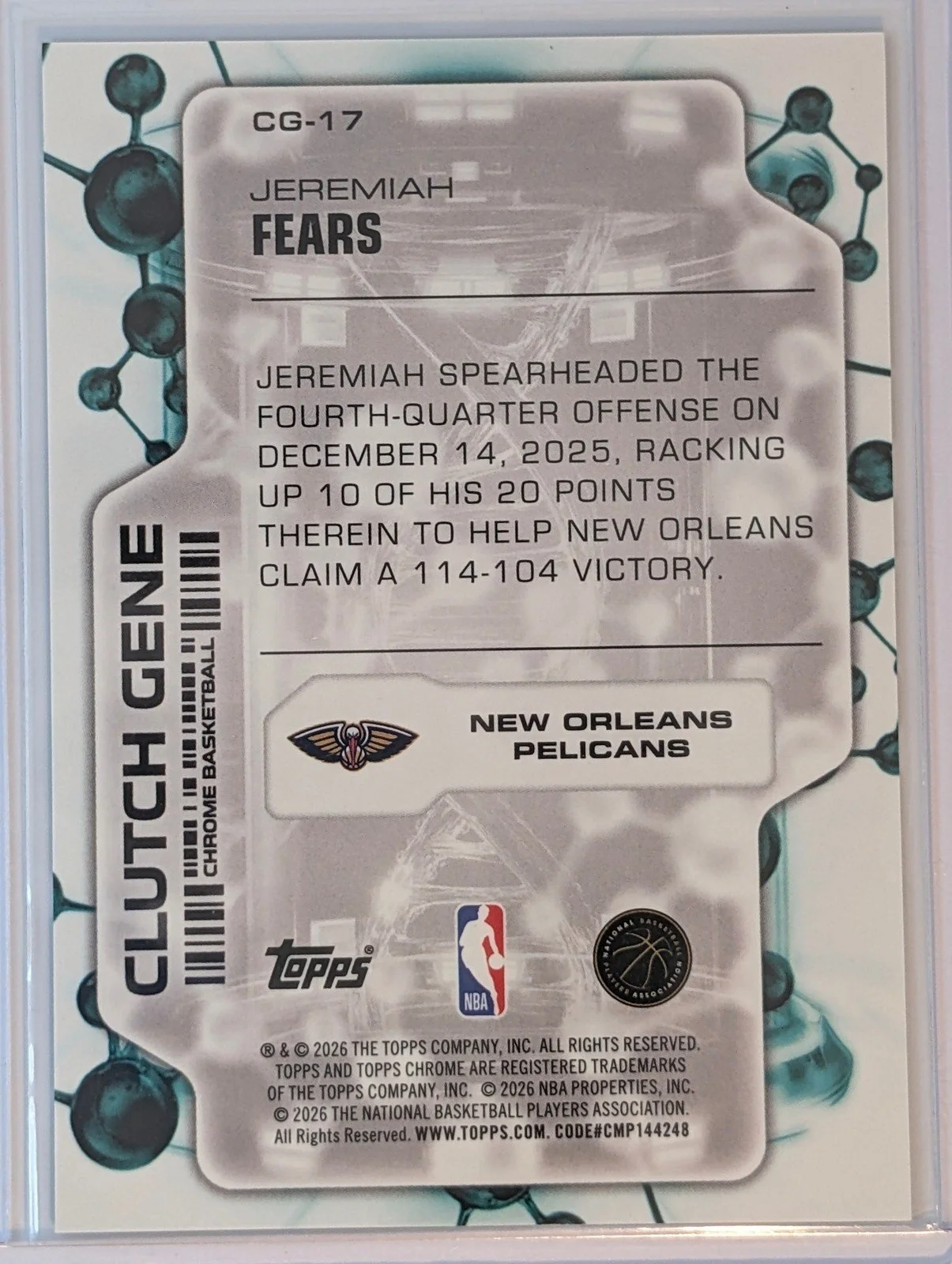 Back of 2025-26 Topps Chrome Update /75 Jeremiah Fears Clutch Gene Purple GEOMETRIC RC