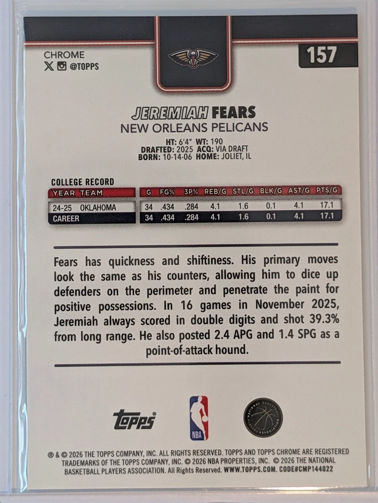 Back of 2025-26 Topps Chrome Update #157 Jeremiah Fears Prism Refractor