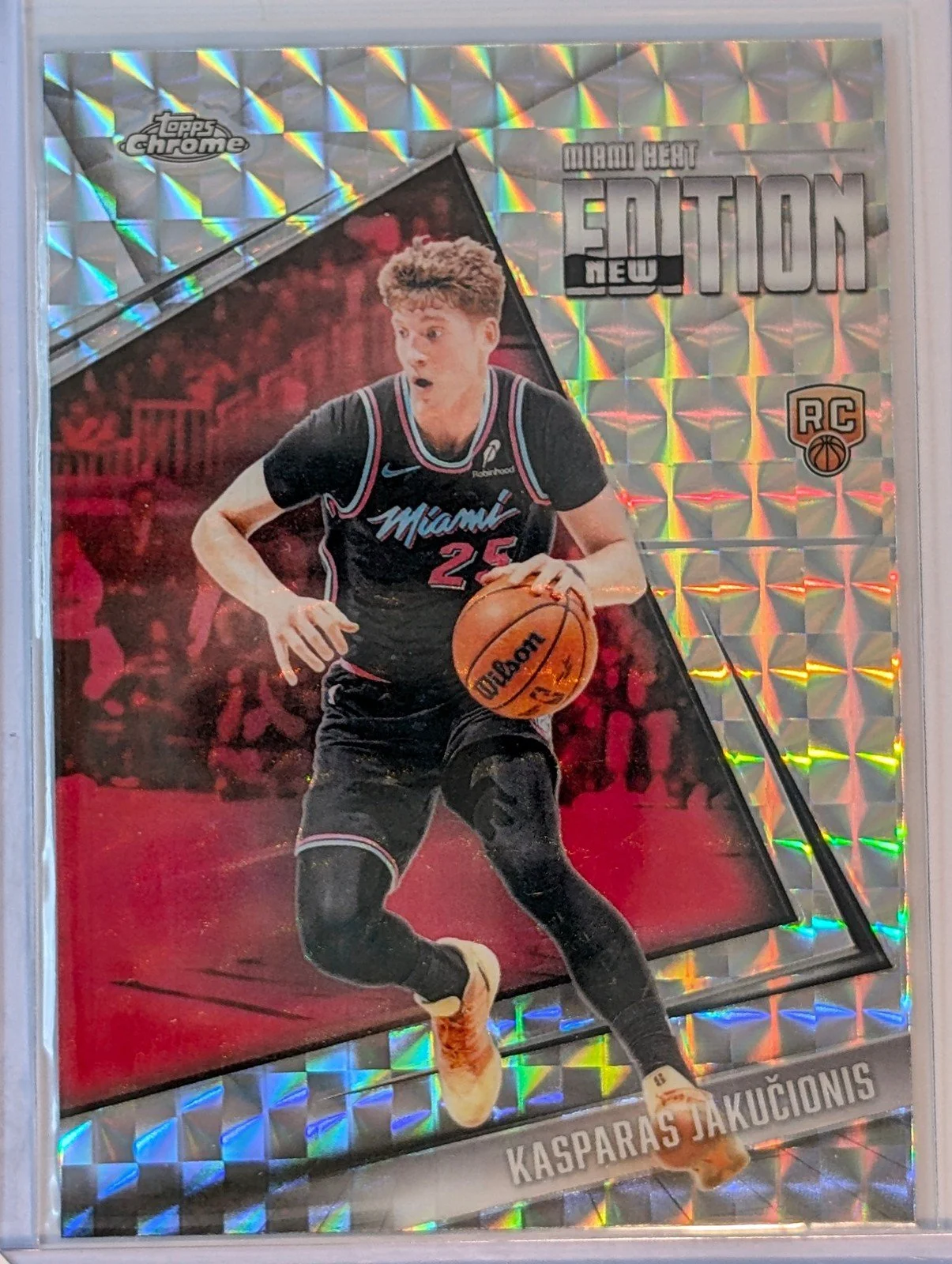 Front of 2025-26 Topps Chrome Update Kasparas Jakucionis New Editions Geo Refractor