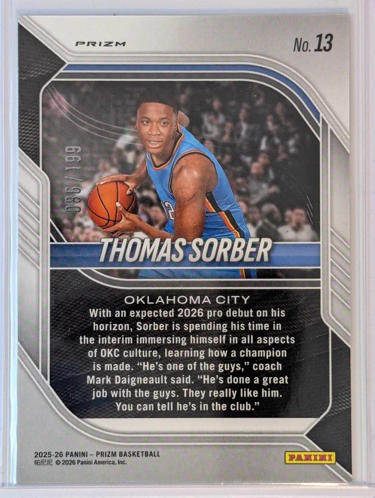 Back of 2025-26 Panini Prizm /199 Thomas Sorber Purple Ice Prizm #13