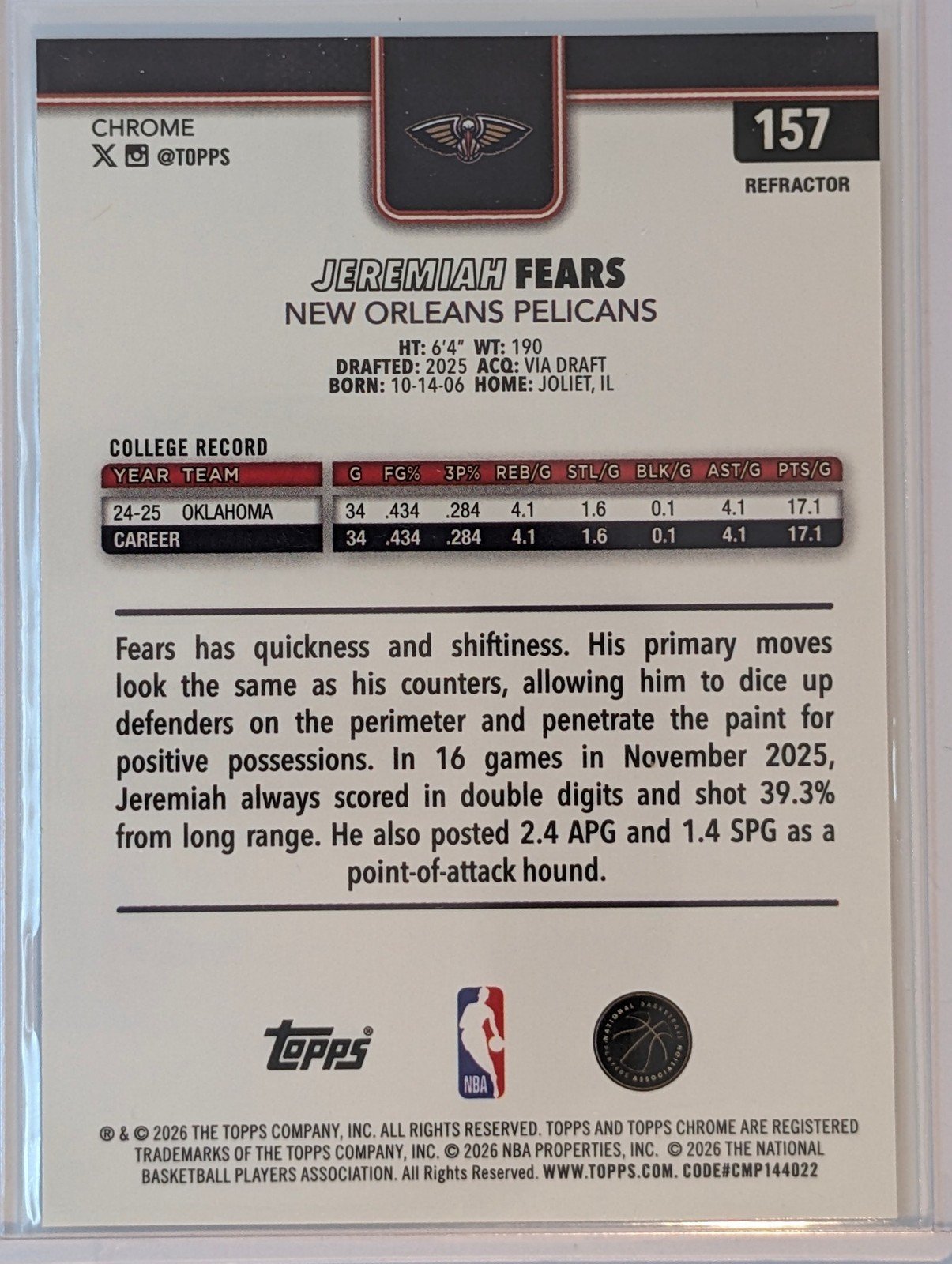 Back of 2025-26 Topps Chrome Update #157 Jeremiah Fears Refractor