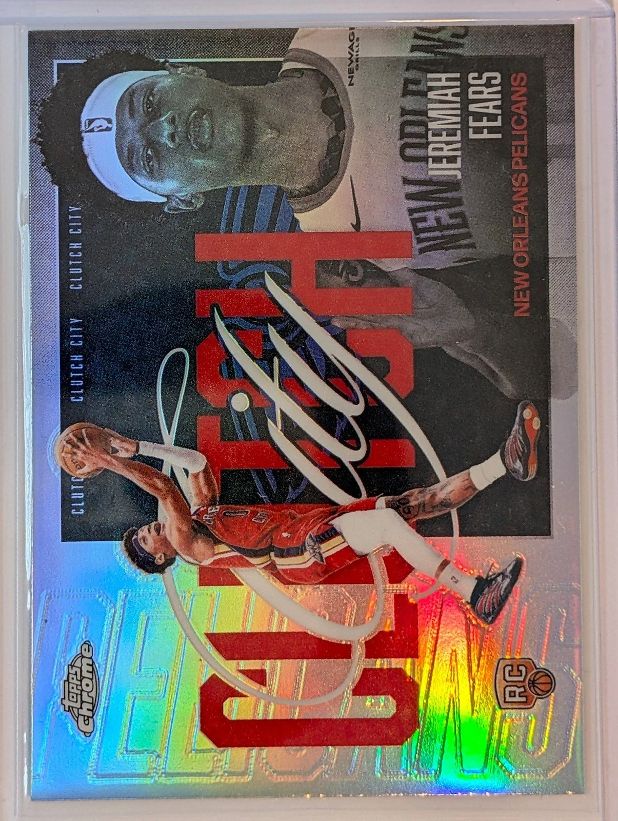 Front of 2025-26 Topps Chrome Update #YQ-8 Jeremiah Fears Clutch City Refractor RC