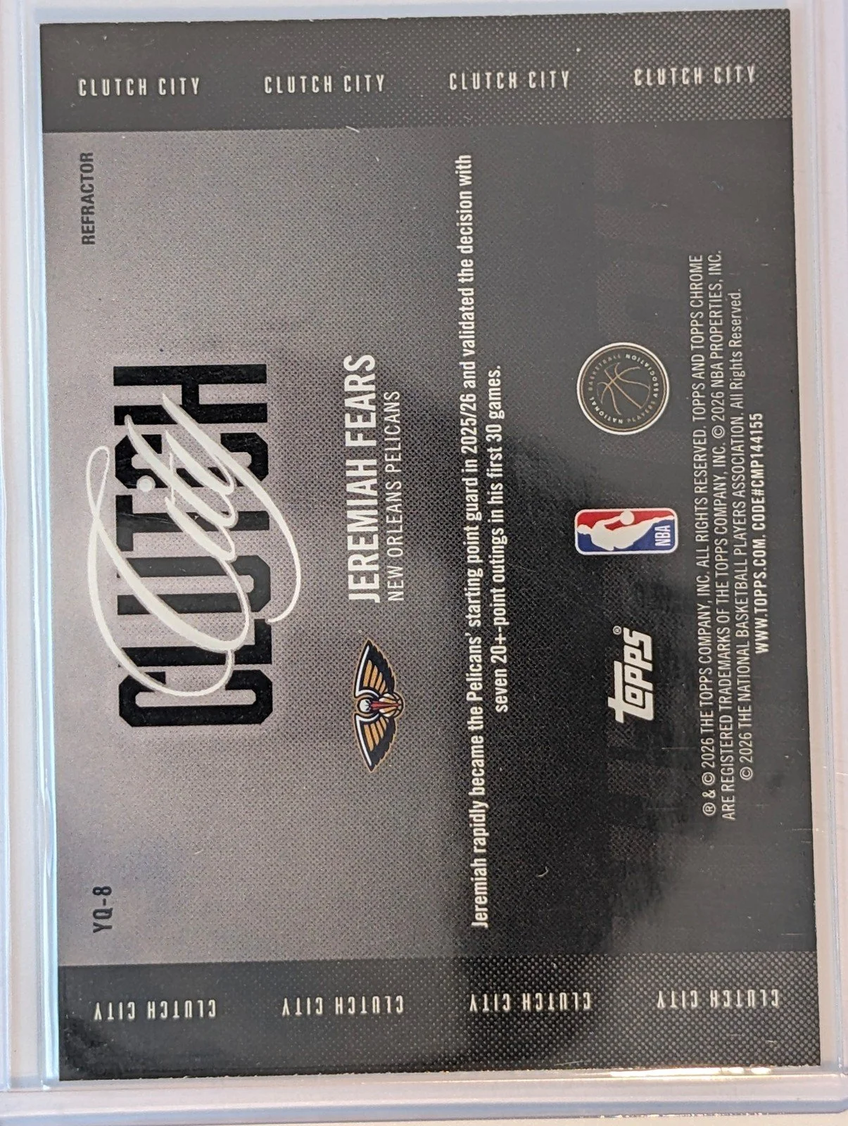 Back of 2025-26 Topps Chrome Update #YQ-8 Jeremiah Fears Clutch City Refractor RC