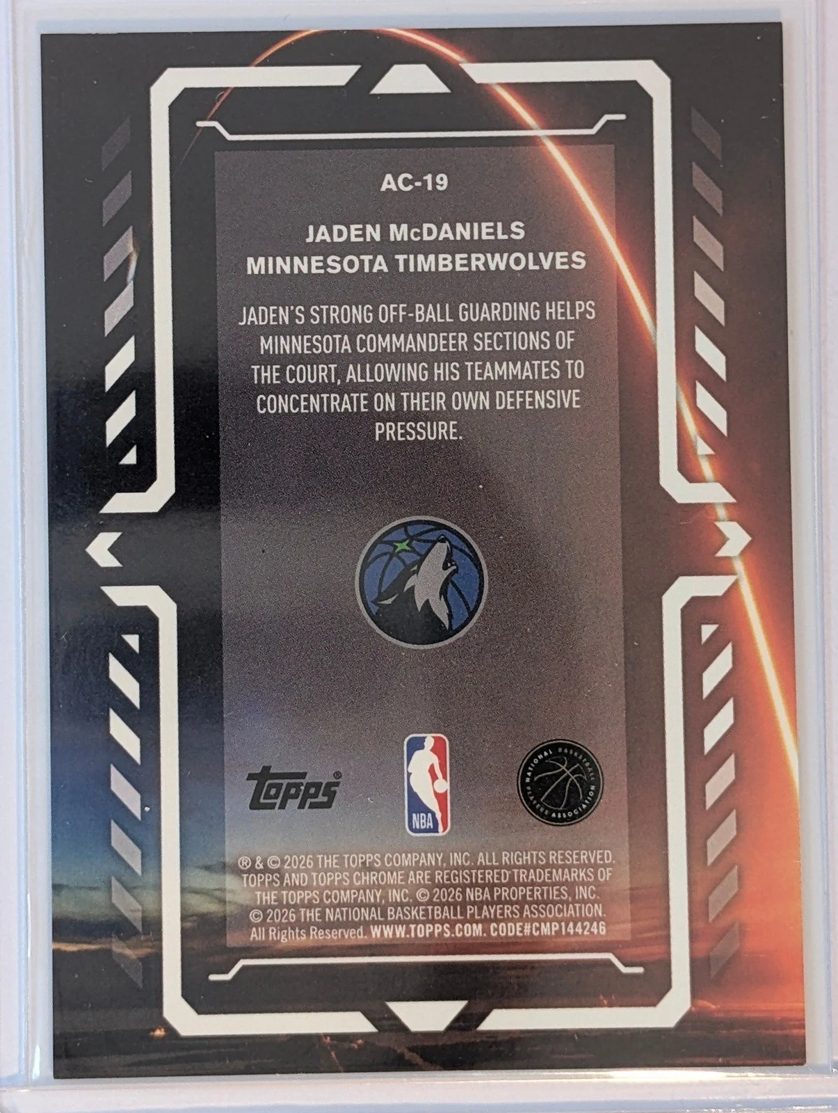 Back of 2025-26 Topps Chrome Update /75 #AC-19 Jaden McDaniels Activators Geometric