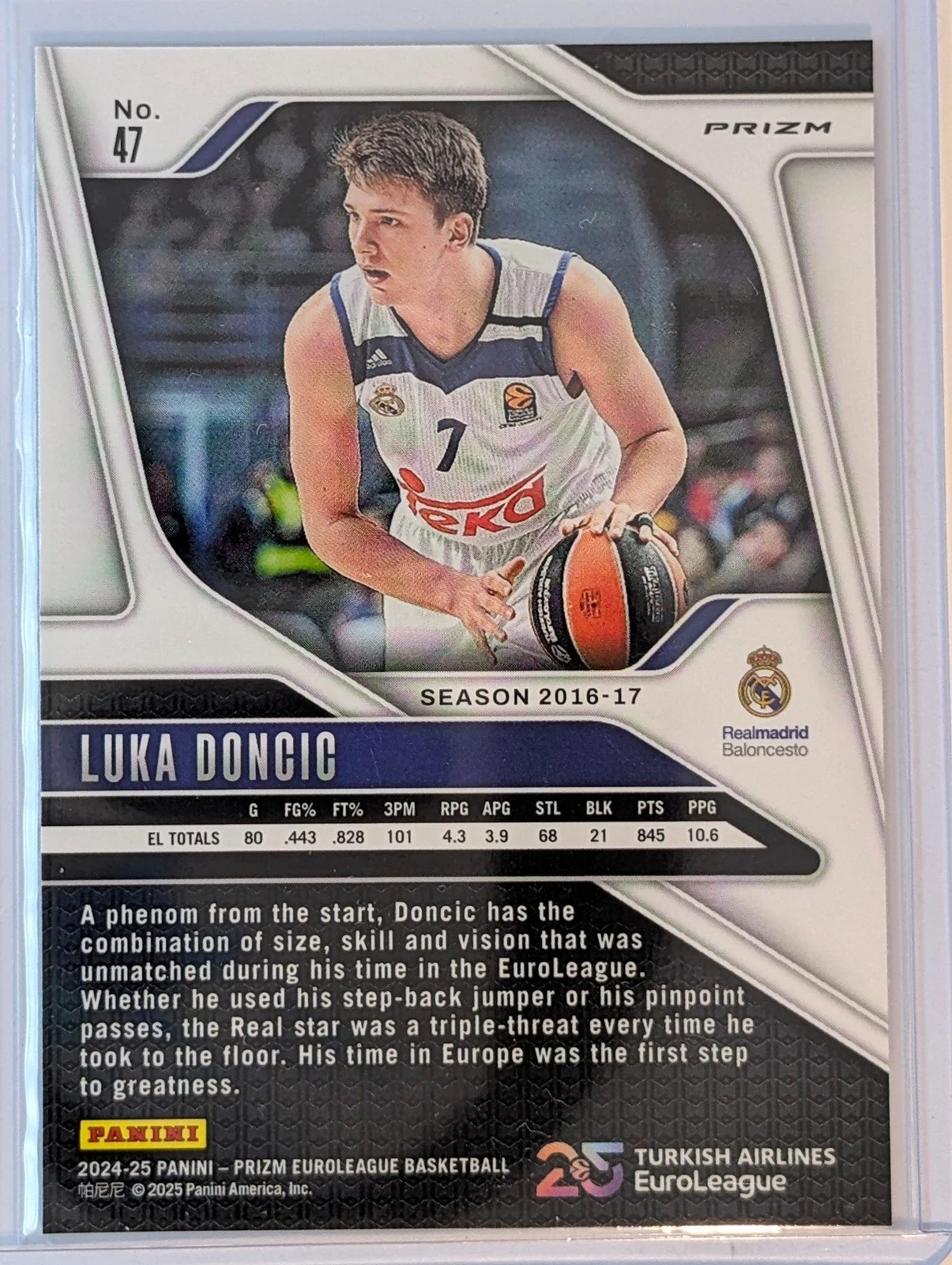 Back of 2024-25 Panini Prizm EuroLeague #47 Luka Doncic Green Prizms