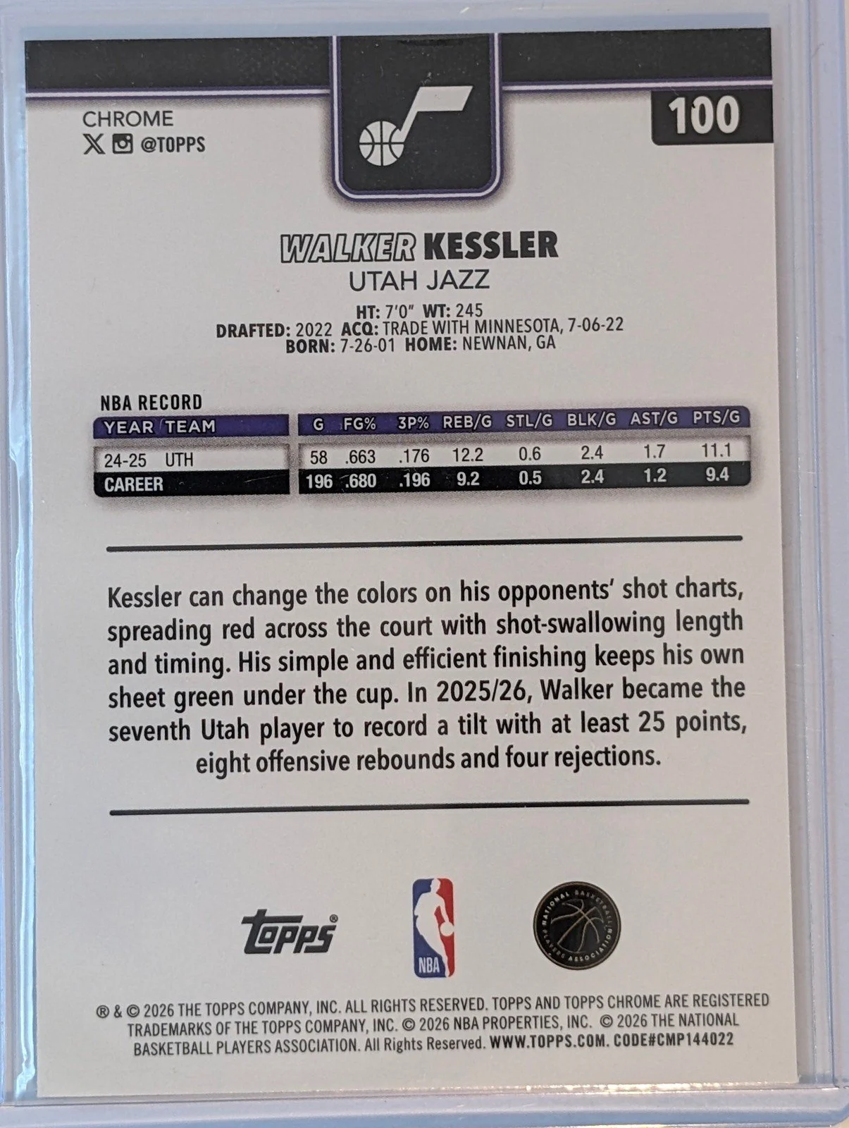 Back of 2025-26 Topps Chrome Update #100 Walker Kessler Prism Refractor