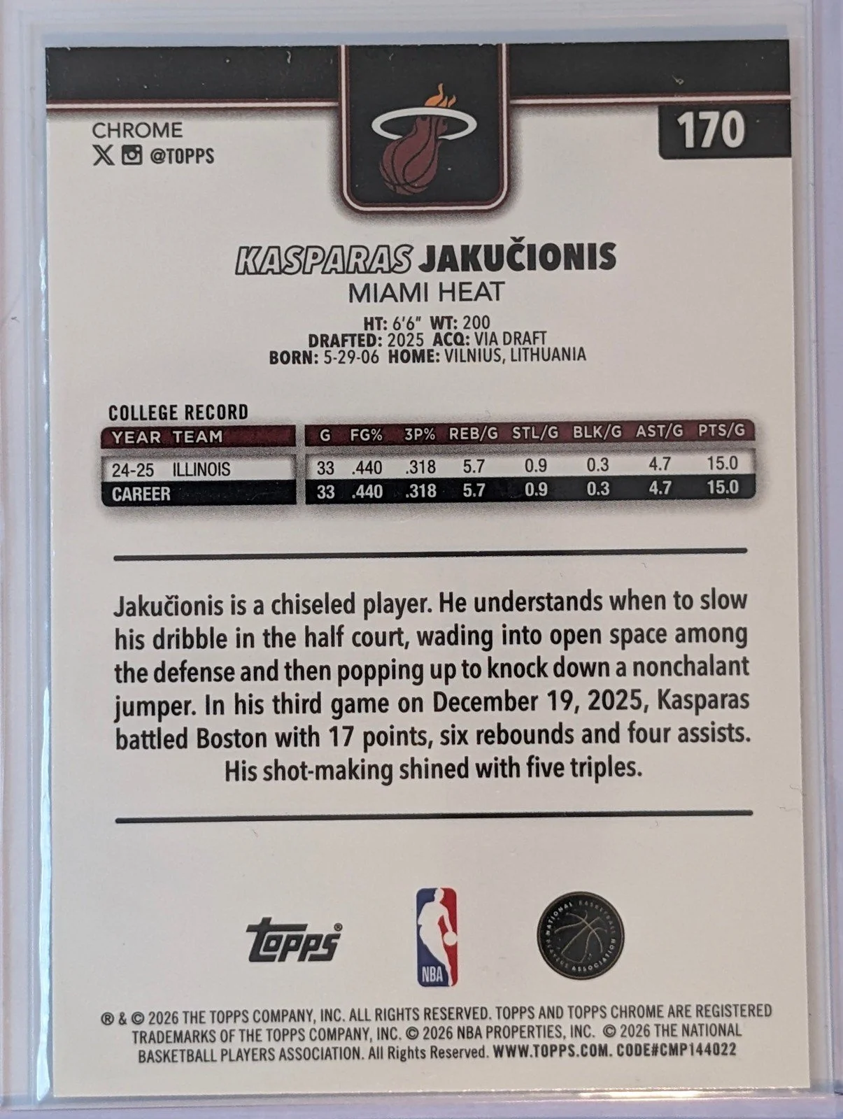 Back of 2025-26 Topps Chrome Update #170 Kasparas Jakučionis Prism Refractor