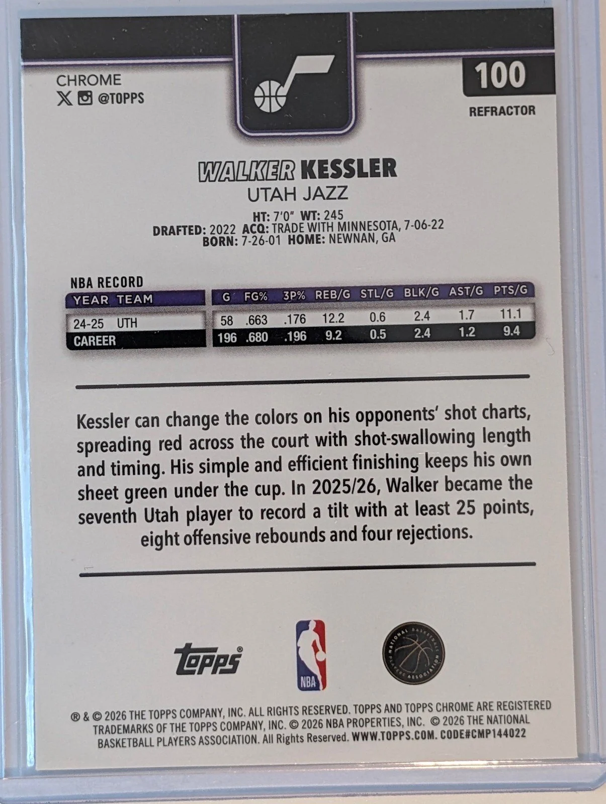 Back of 2025-26 Topps Chrome Update #100 Walker Kessler Refractor