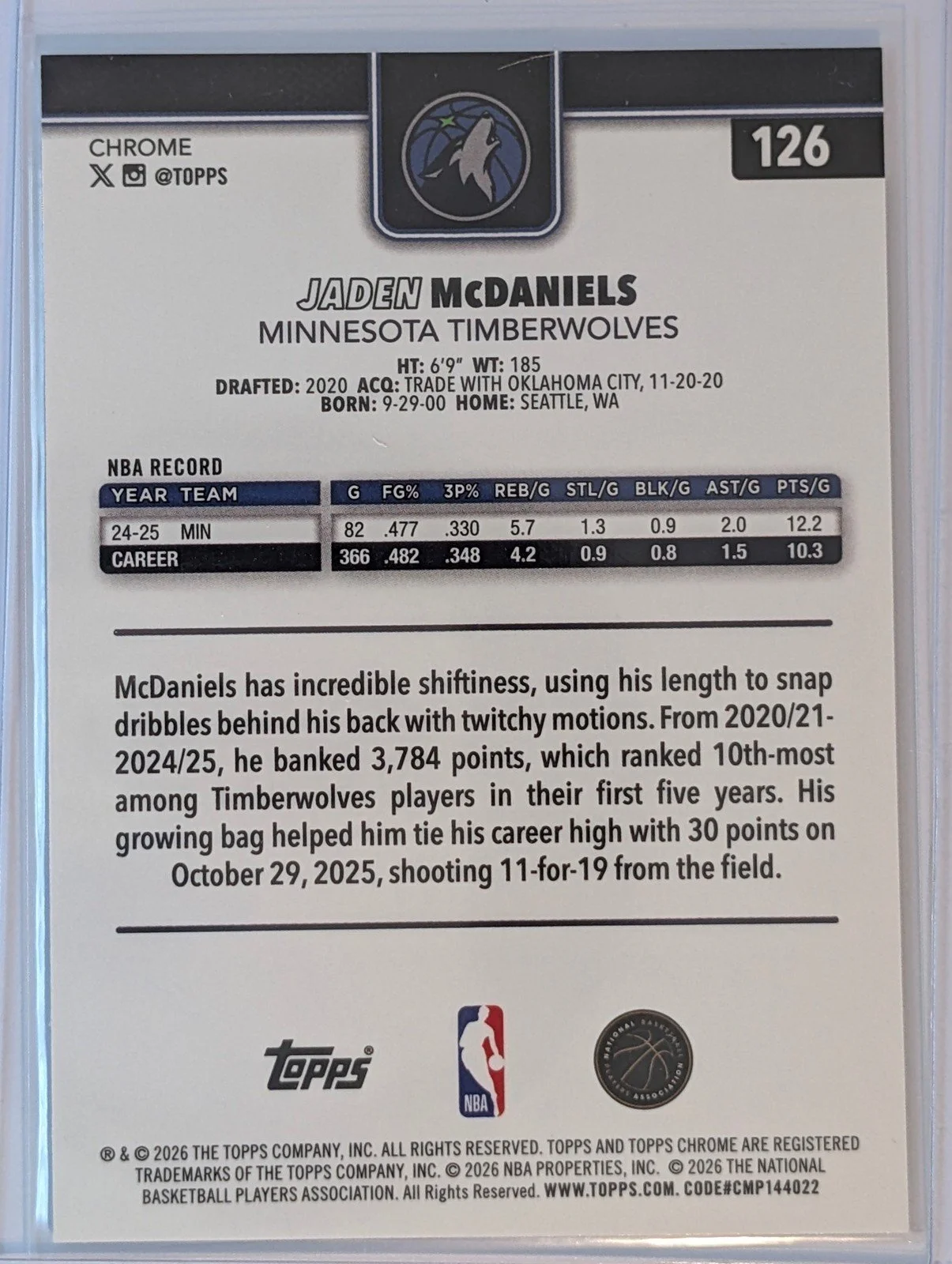 Back of 2025-26 Topps Chrome Update #126 Jaden McDaniels Prism Refractor