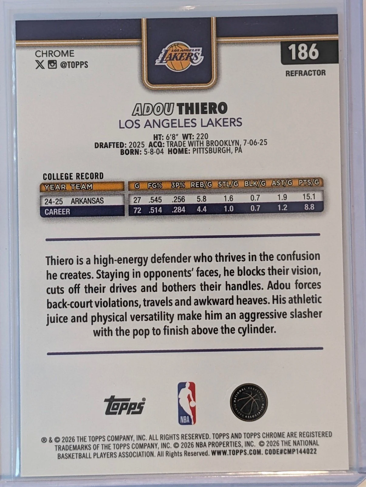 Back of 2025-26 Topps Chrome Update #186 Adou Thiero Refractor