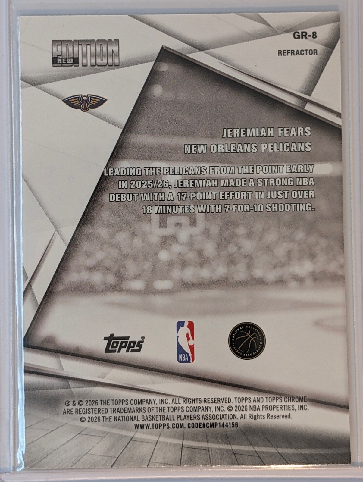 Back of 2025-26 Topps Chrome Update #GR-8 Jeremiah Fears New Editions Refractor RC