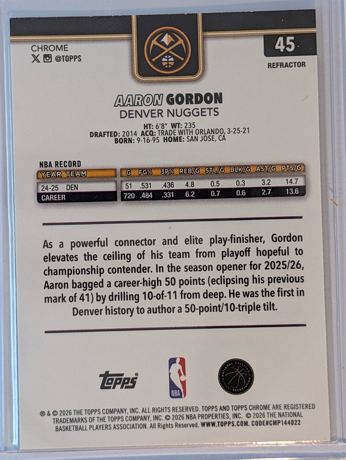 Back of 2025-26 Topps Chrome Update #45 Aaron Gordon Refractor
