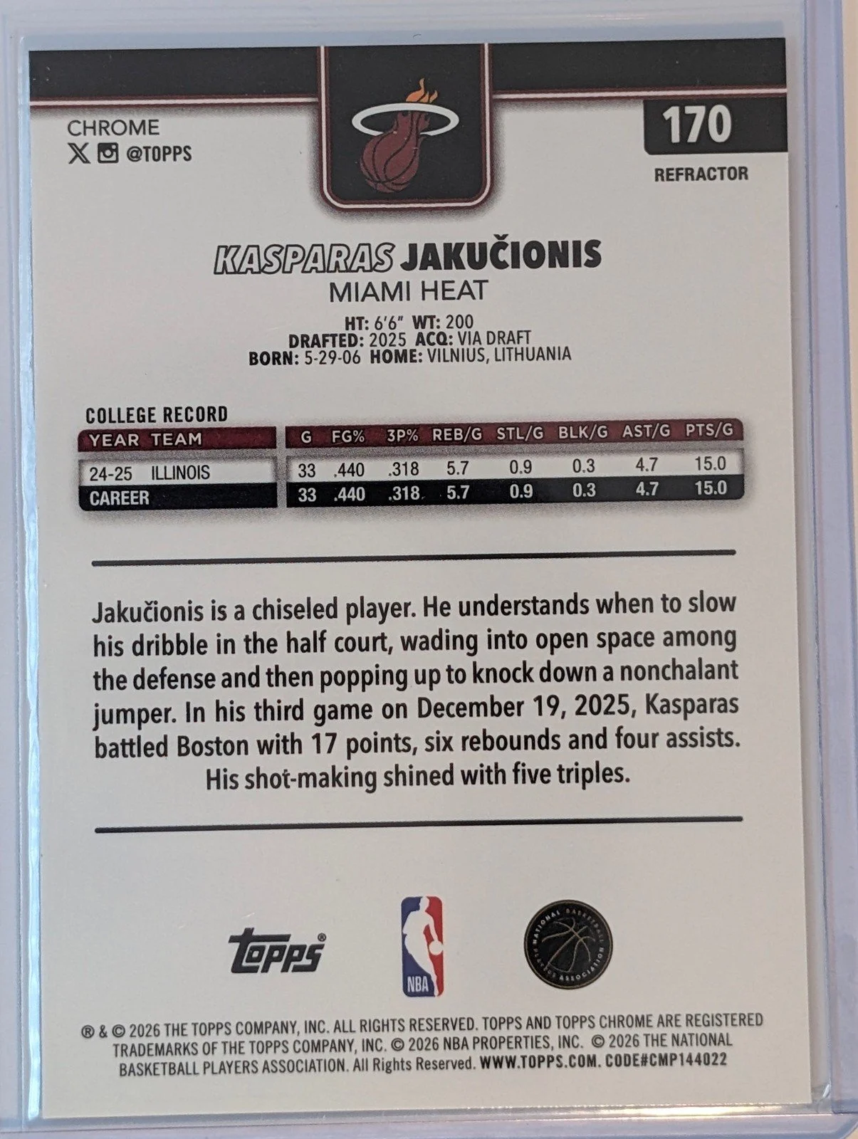 Back of 2025-26 Topps Chrome Update #170 Kasparas Jakučionis Refractor