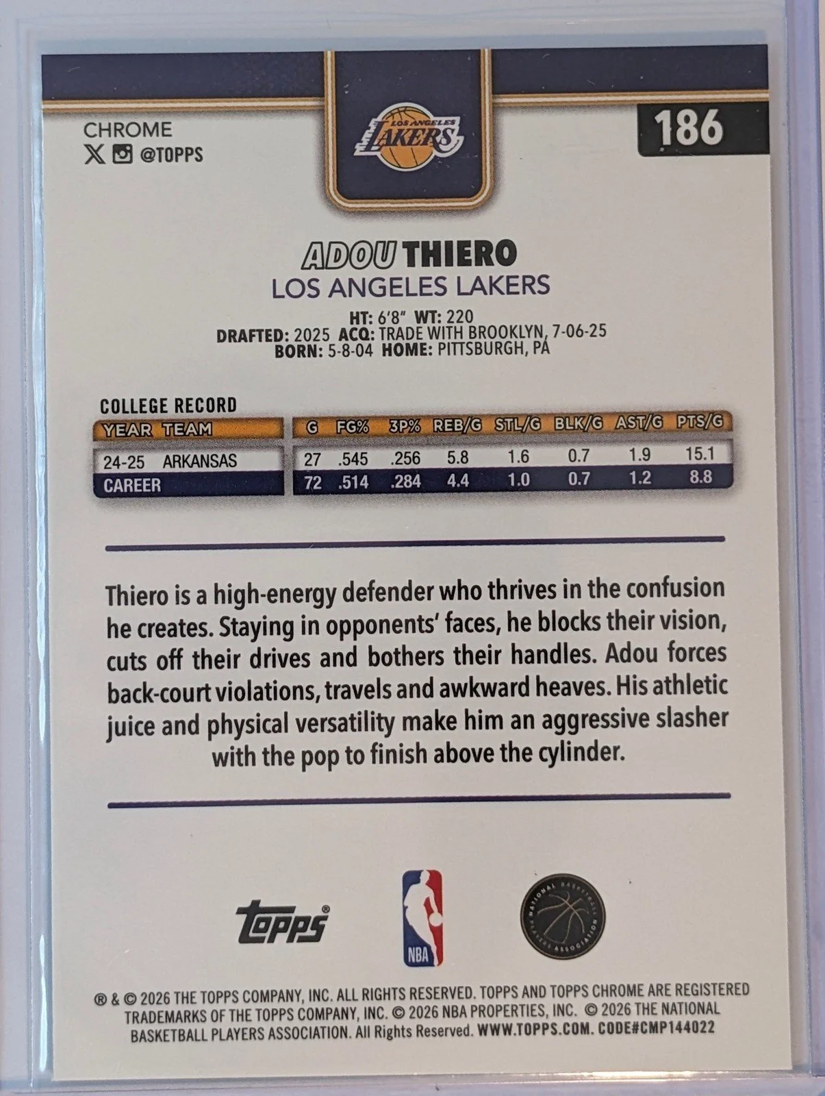Back of 2025-26 Topps Chrome Update #186 Adou Thiero Refractor