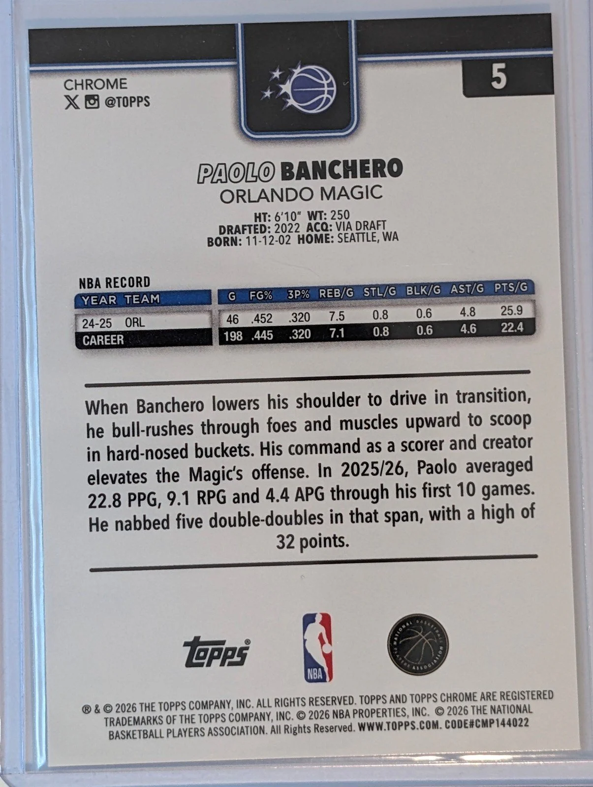 Back of 2025-26 Topps Chrome Update #5 Paolo Banchero