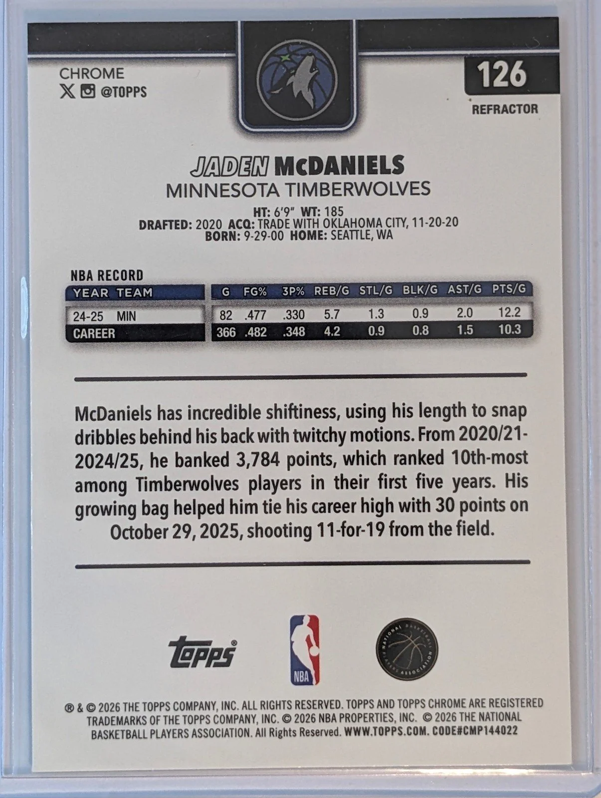 Back of 2025-26 Topps Chrome Update #126 Jaden McDaniels Refractor