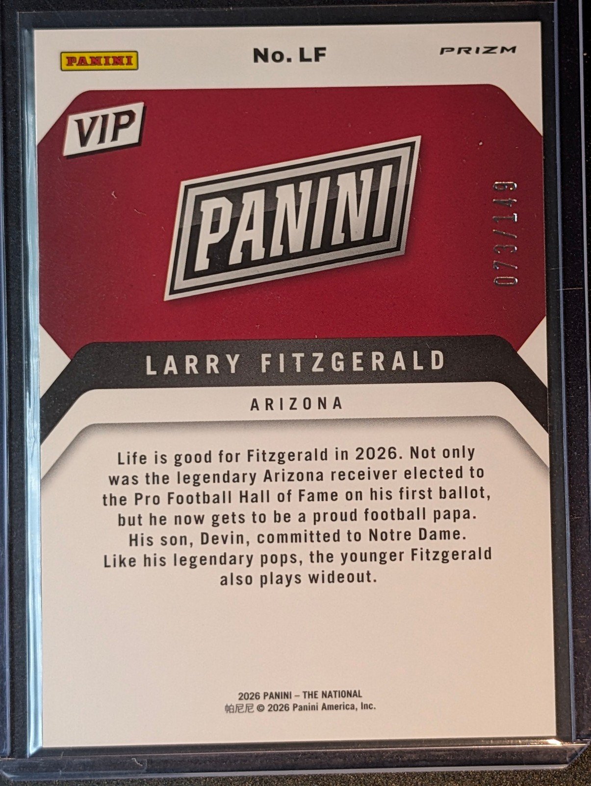 Back of 2026 Panini Prizm /149 National Packs LF Larry Fitzgerald Hall of Fame