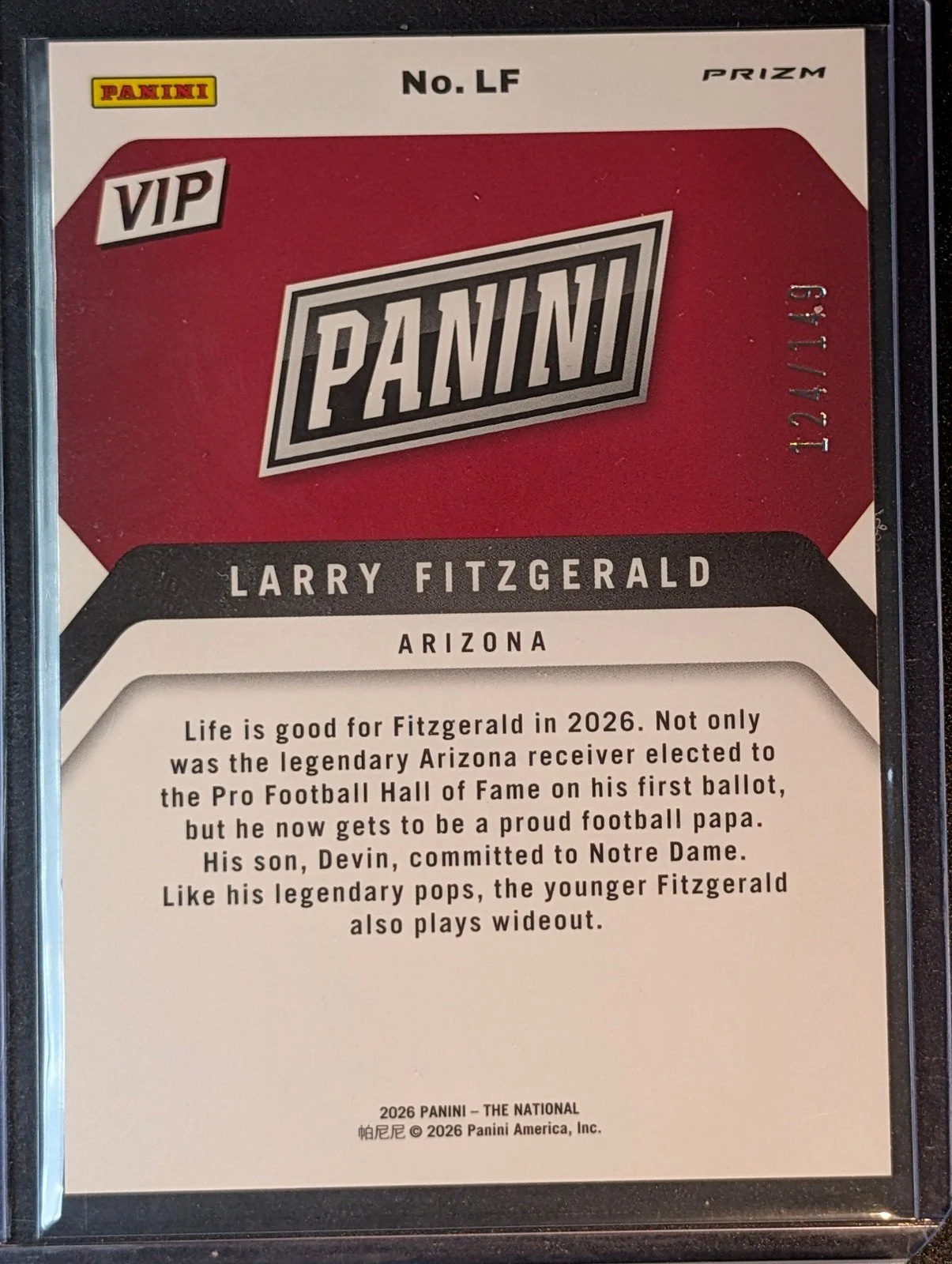 Back of 2026 Panini Prizm /149 National Packs LF Larry Fitzgerald Hall of Fame