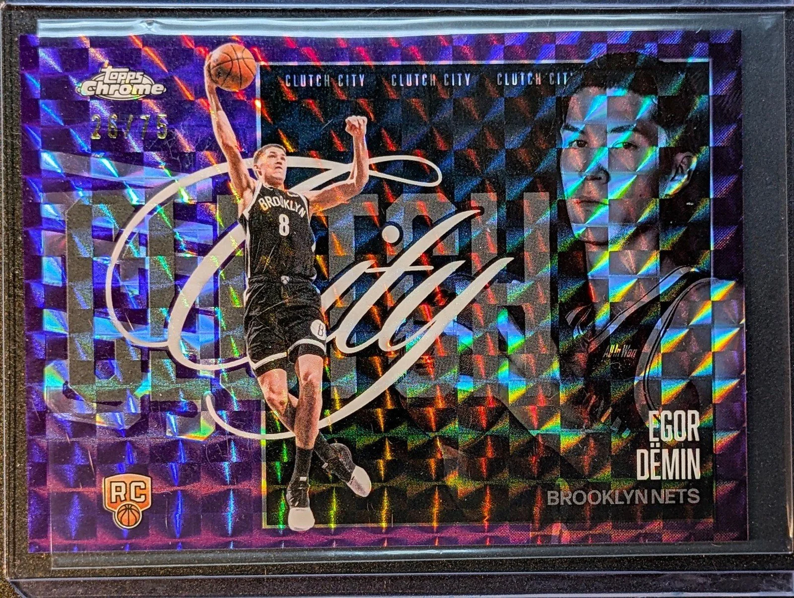 Front of 2025-26 Topps Chrome Update /75 Egor Dëmin Clutch City Purple Geo Refractor