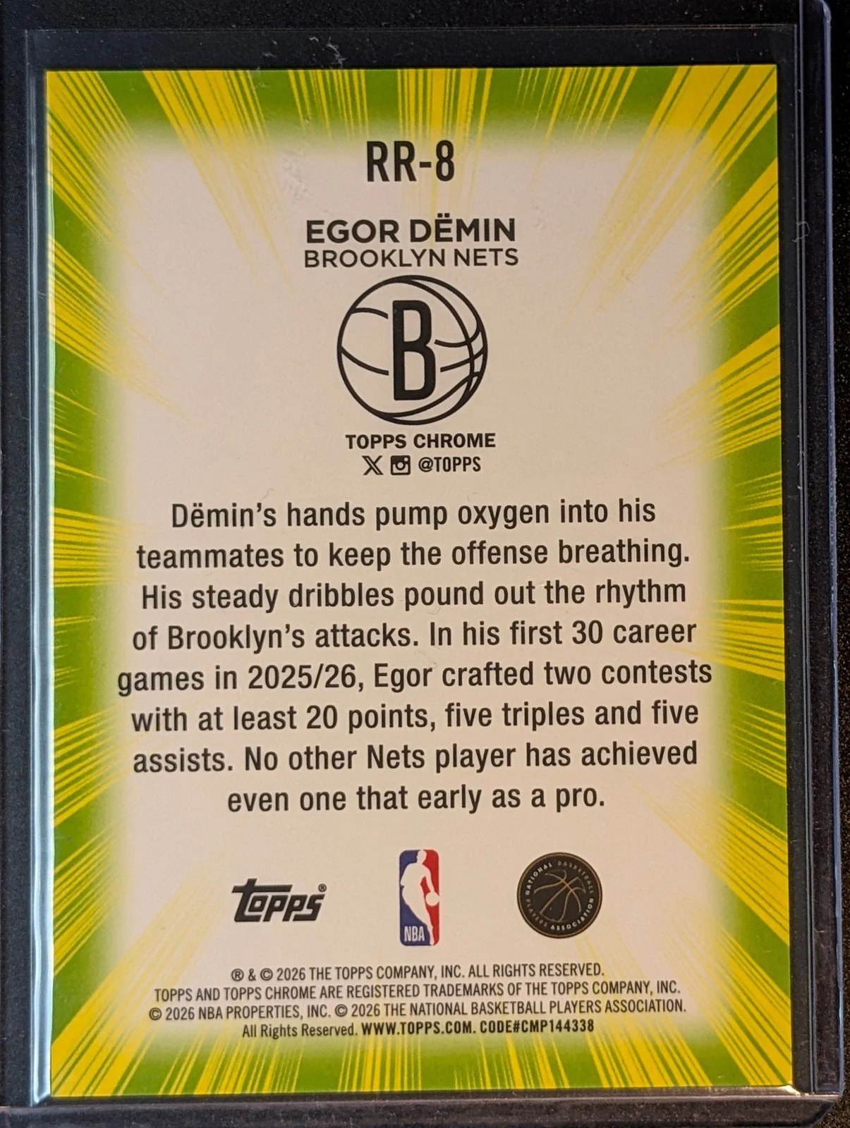 Back of 2025-26 Topps Chrome Update Egor Dëmin Radiating Rookies #RR-8