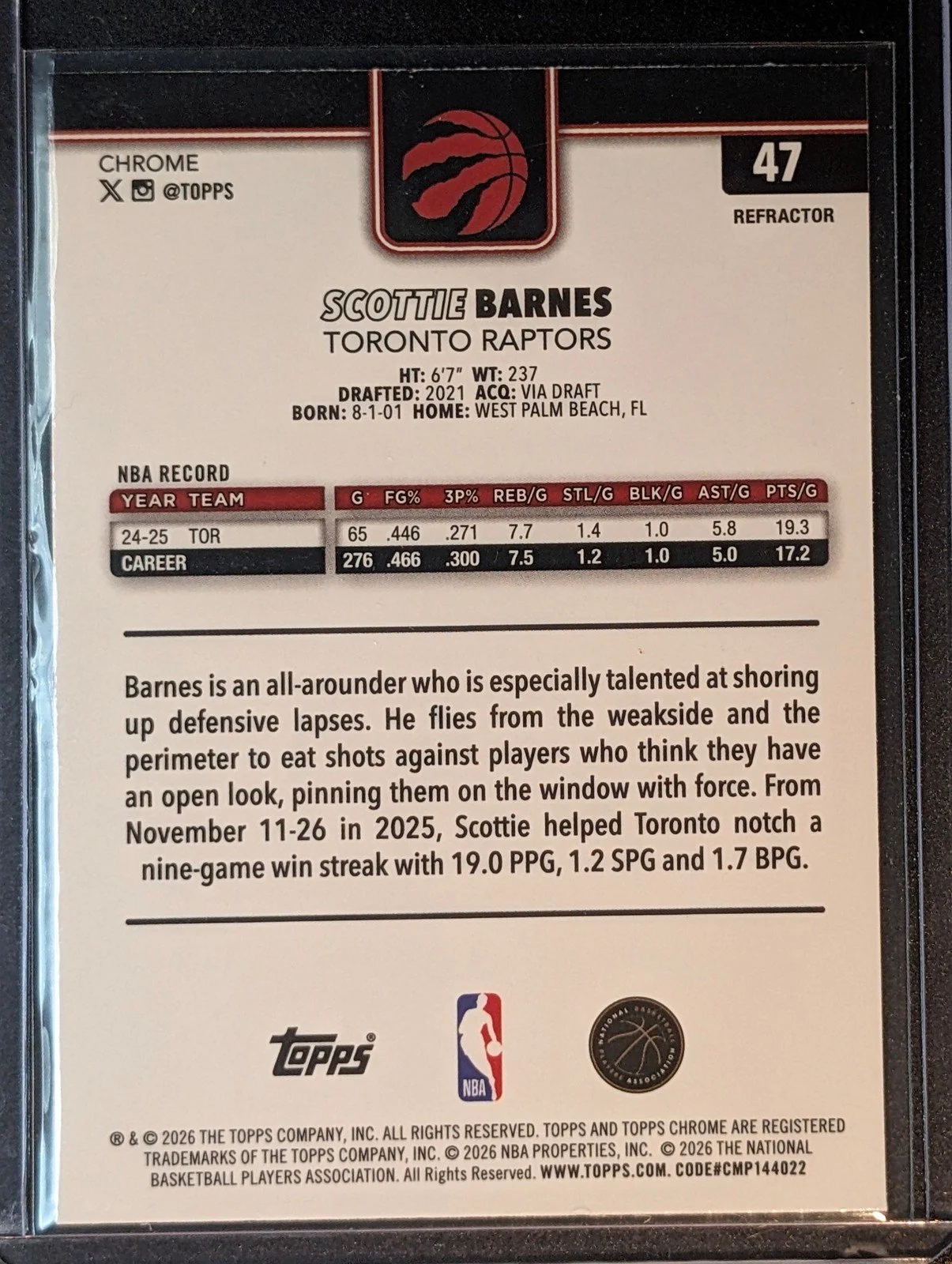 Back of 2025-26 Topps Chrome Update #47 Scottie Barnes Refractor