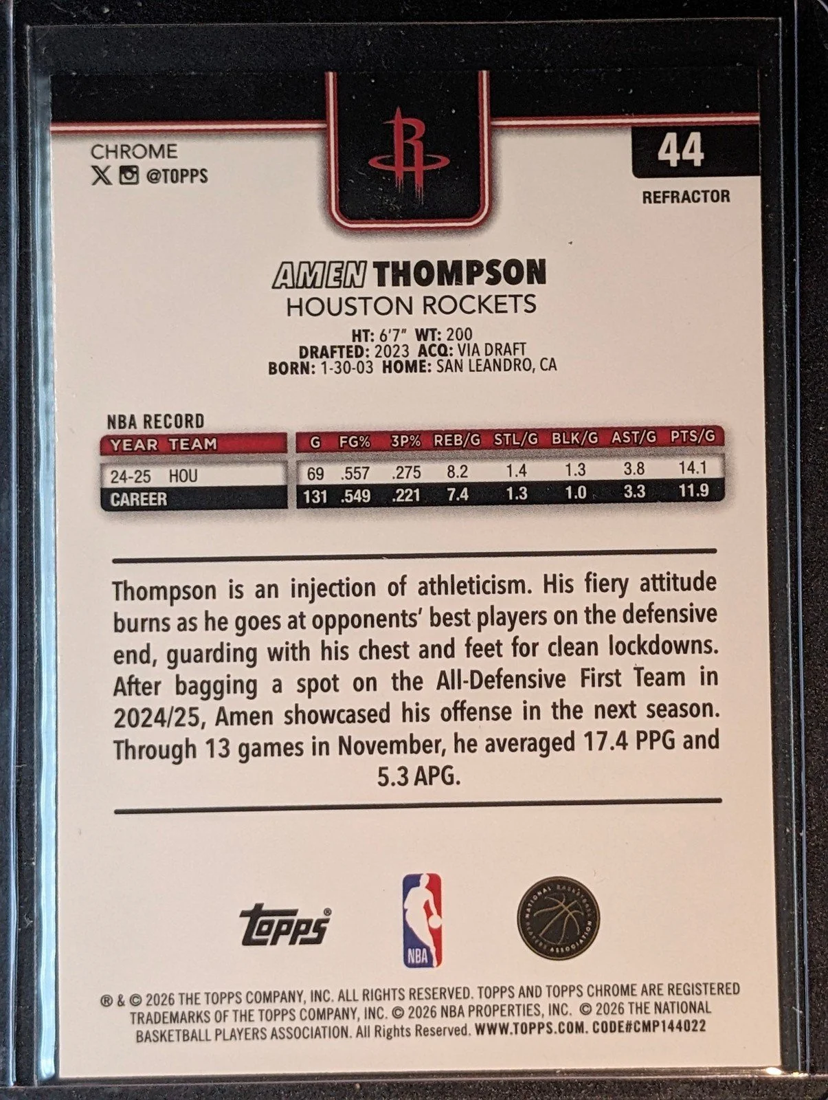 Back of 2025-26 Topps Chrome Update #44 Amen Thompson Refractor