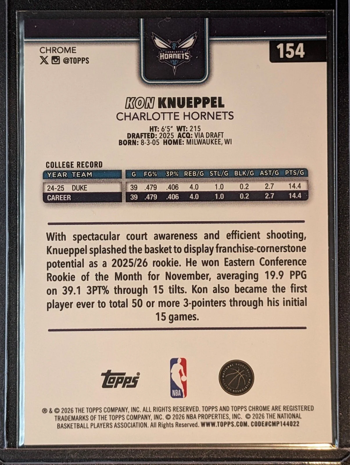 Back of 2025-26 Topps Chrome Update /199 Kon Knueppel Aqua Wave Refractor #154