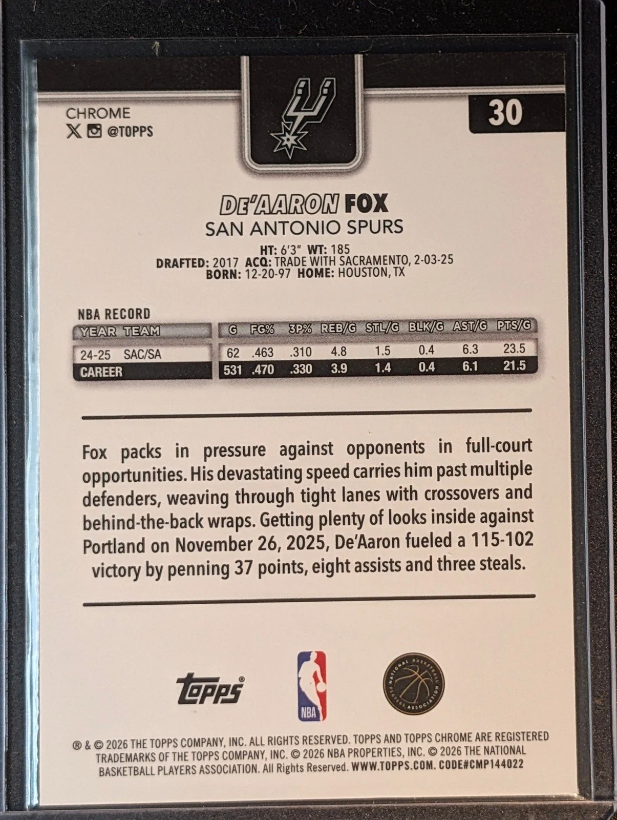 Back of 2025-26 Topps Chrome Update #30 De’Aaron Fox Image Variation Silver Speckle