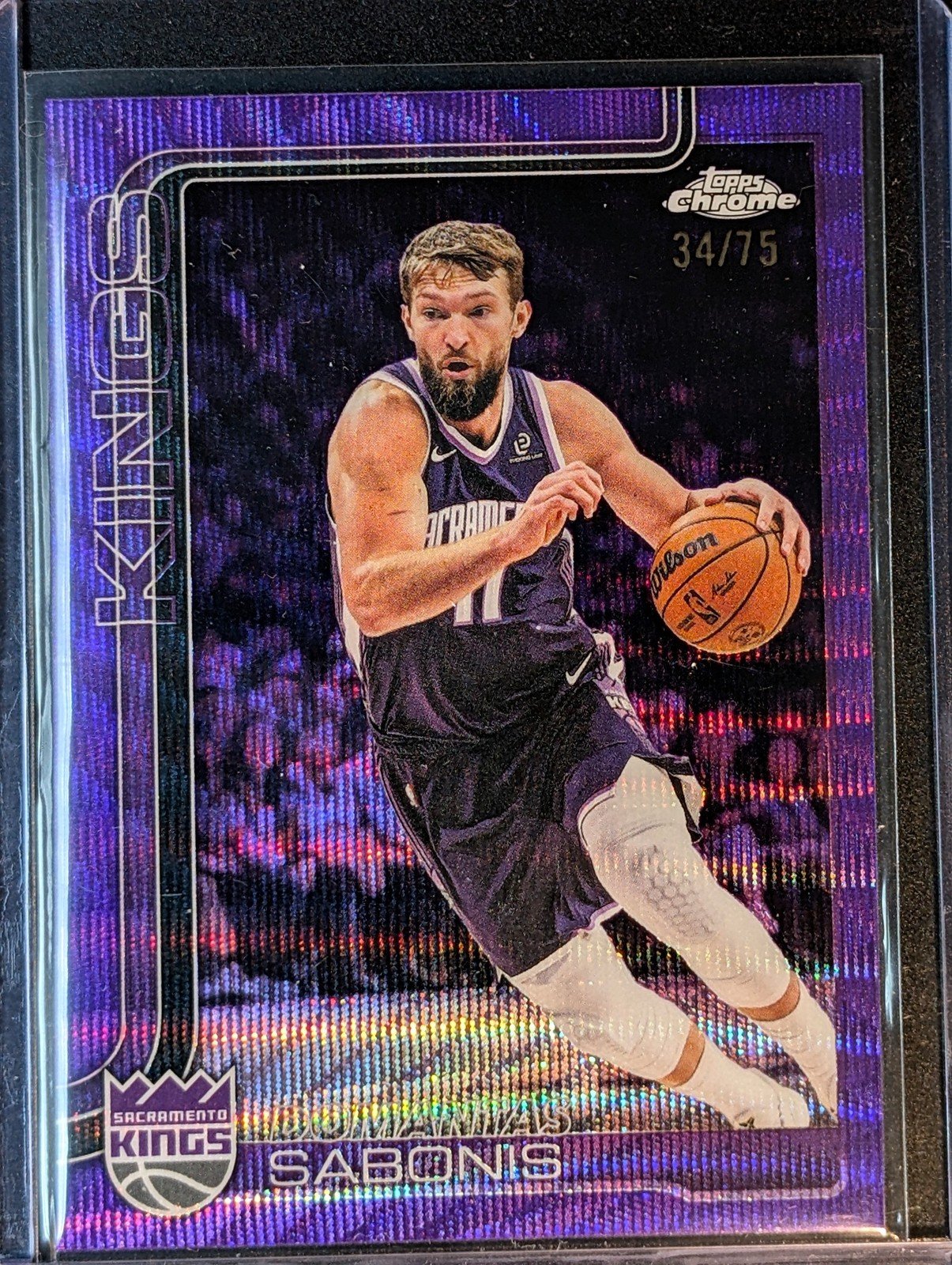 Front of 2025-26 Topps Chrome Update /75 Domantas Sabonis Purple RayWave Refractor #34