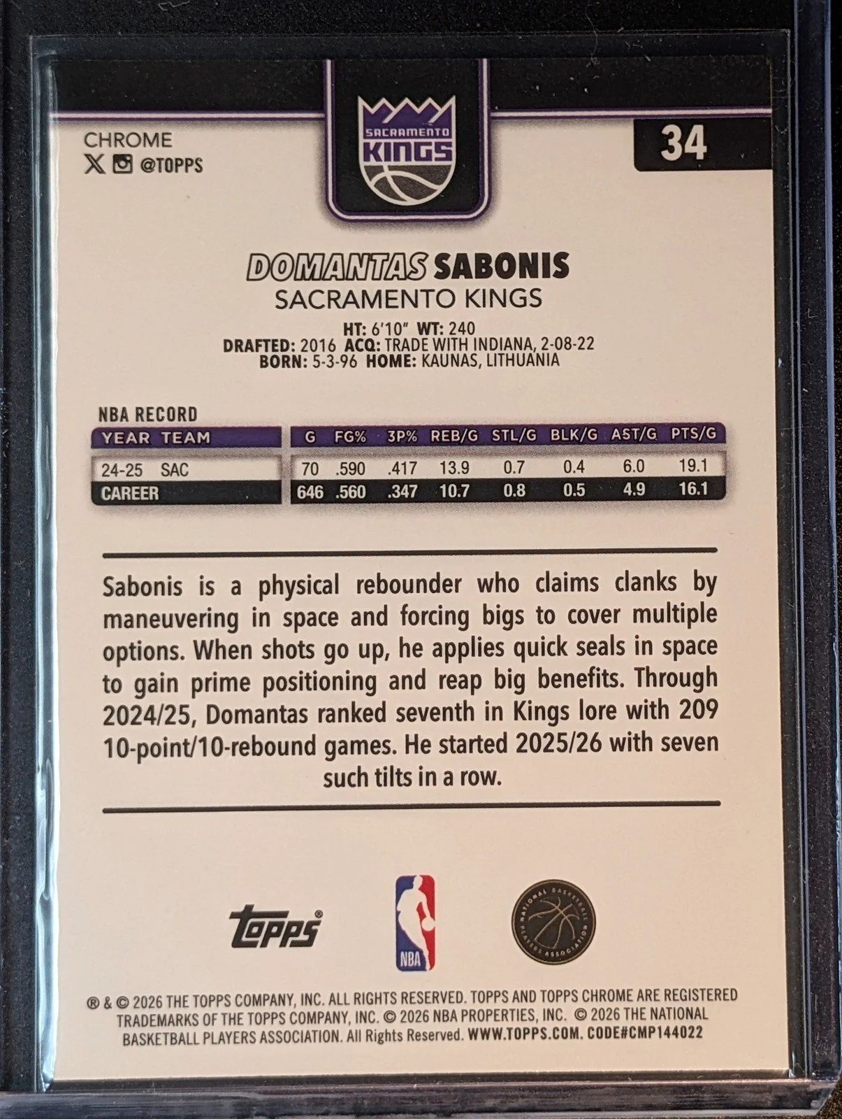 Back of 2025-26 Topps Chrome Update /75 Domantas Sabonis Purple RayWave Refractor #34
