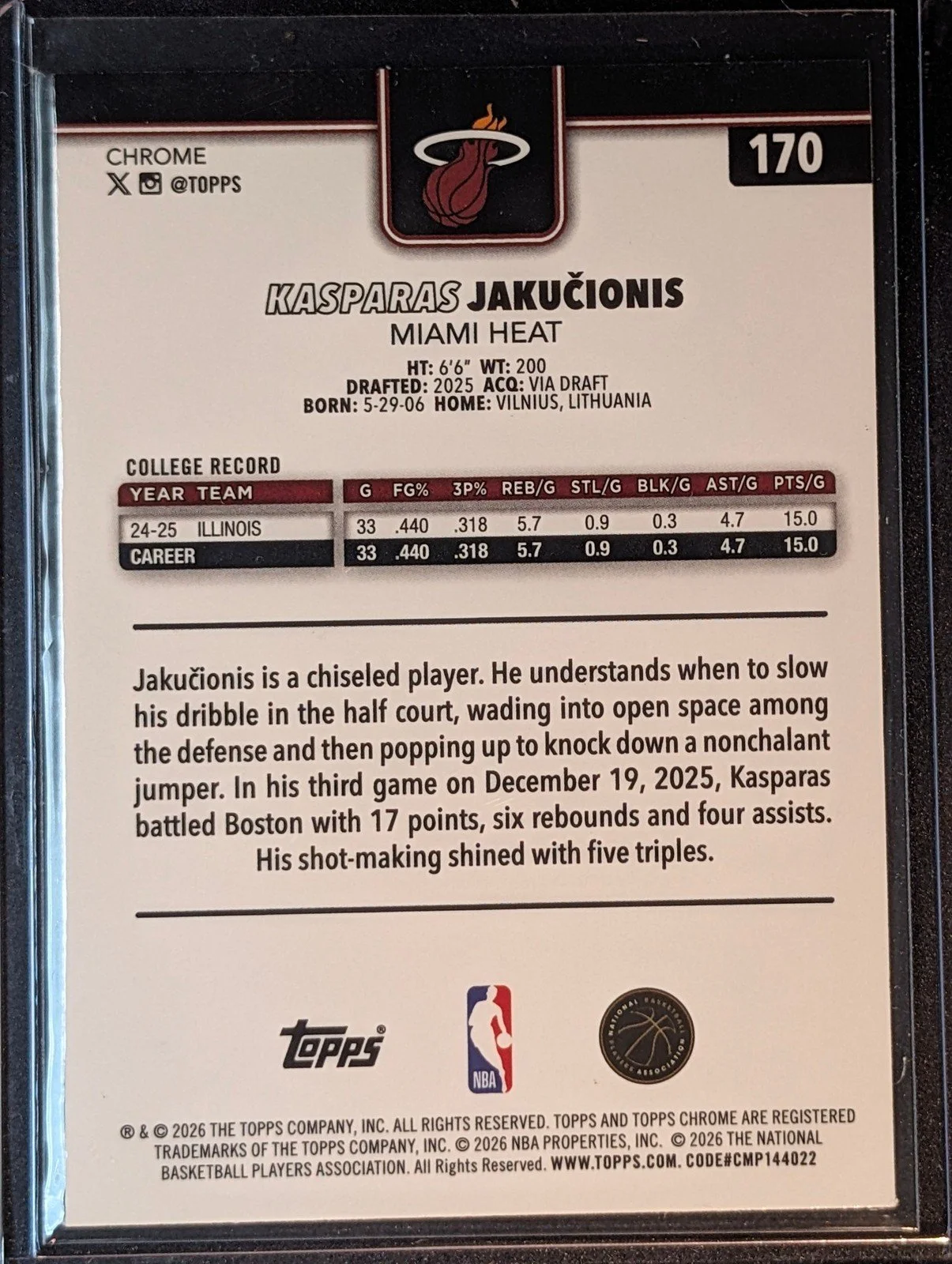Back of 2025-26 Topps Chrome Update #170 Kasparas Jakučionis Prism Refractor