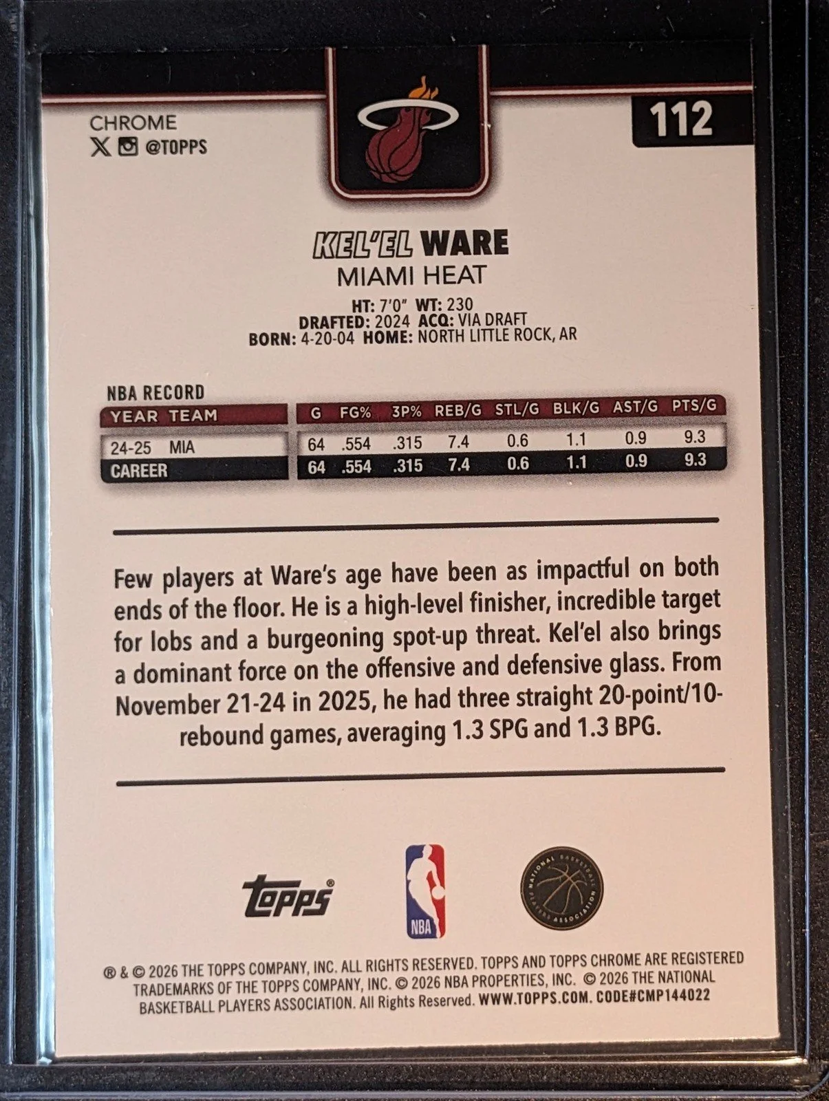 Back of 2025-26 Topps Chrome Update #112 Kel’el Ware Prism Refractor