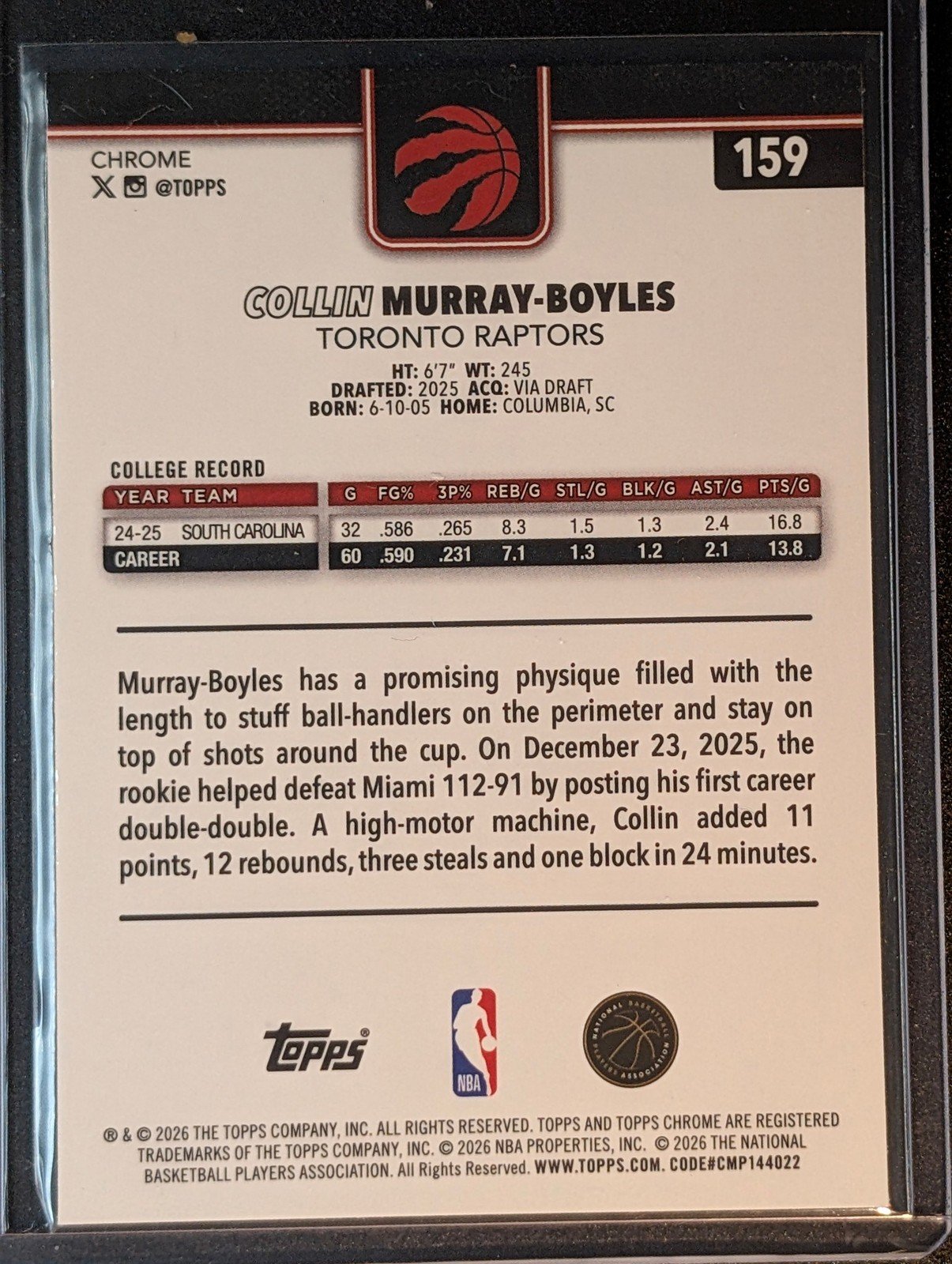 Back of 2025-26 Topps Chrome Update #159 Collin Murray-Boyles Prism Refractor
