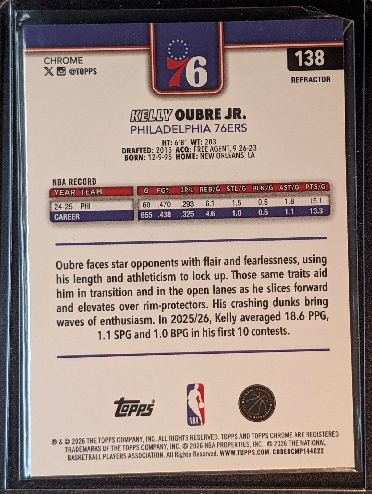 Back of 2025-26 Topps Chrome Update #138 Kelly Oubre Jr. Refractor